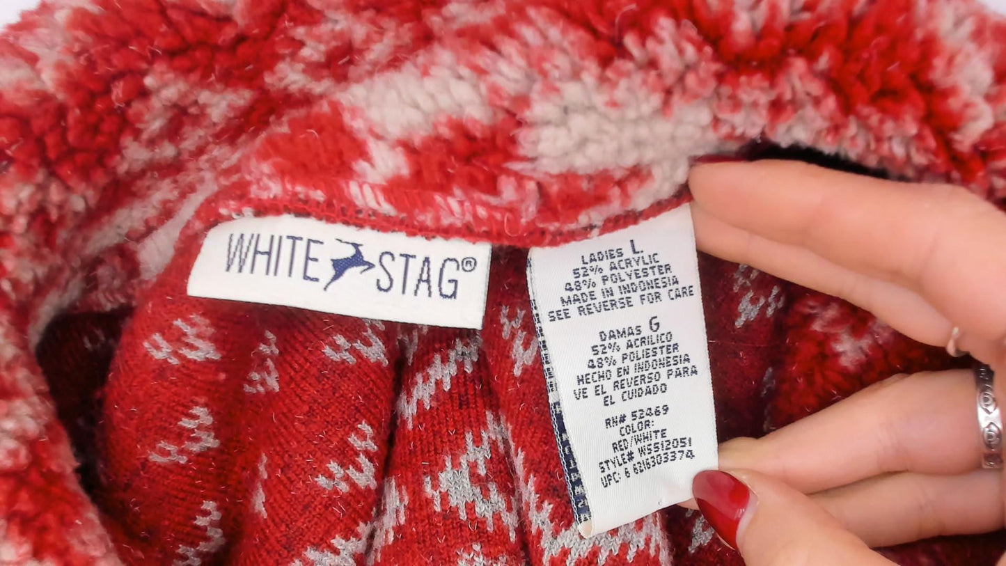 90s White Stag Nordic Fleece Shacket Cranberry Snowflake Fair Isle Large L