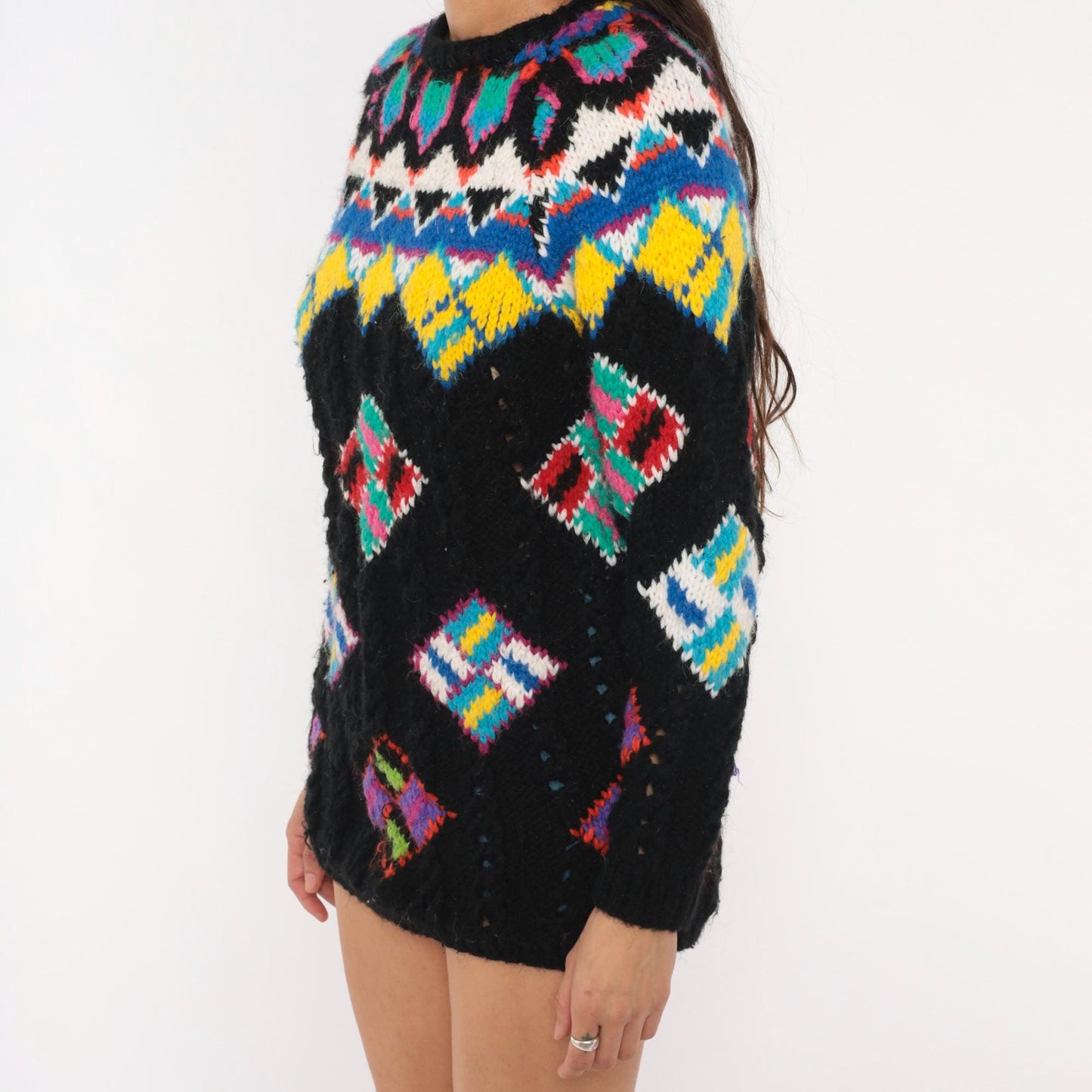 90s Kitty Hawk Fair Isle Sweater Black Multicolor Diamond Pullover Small S