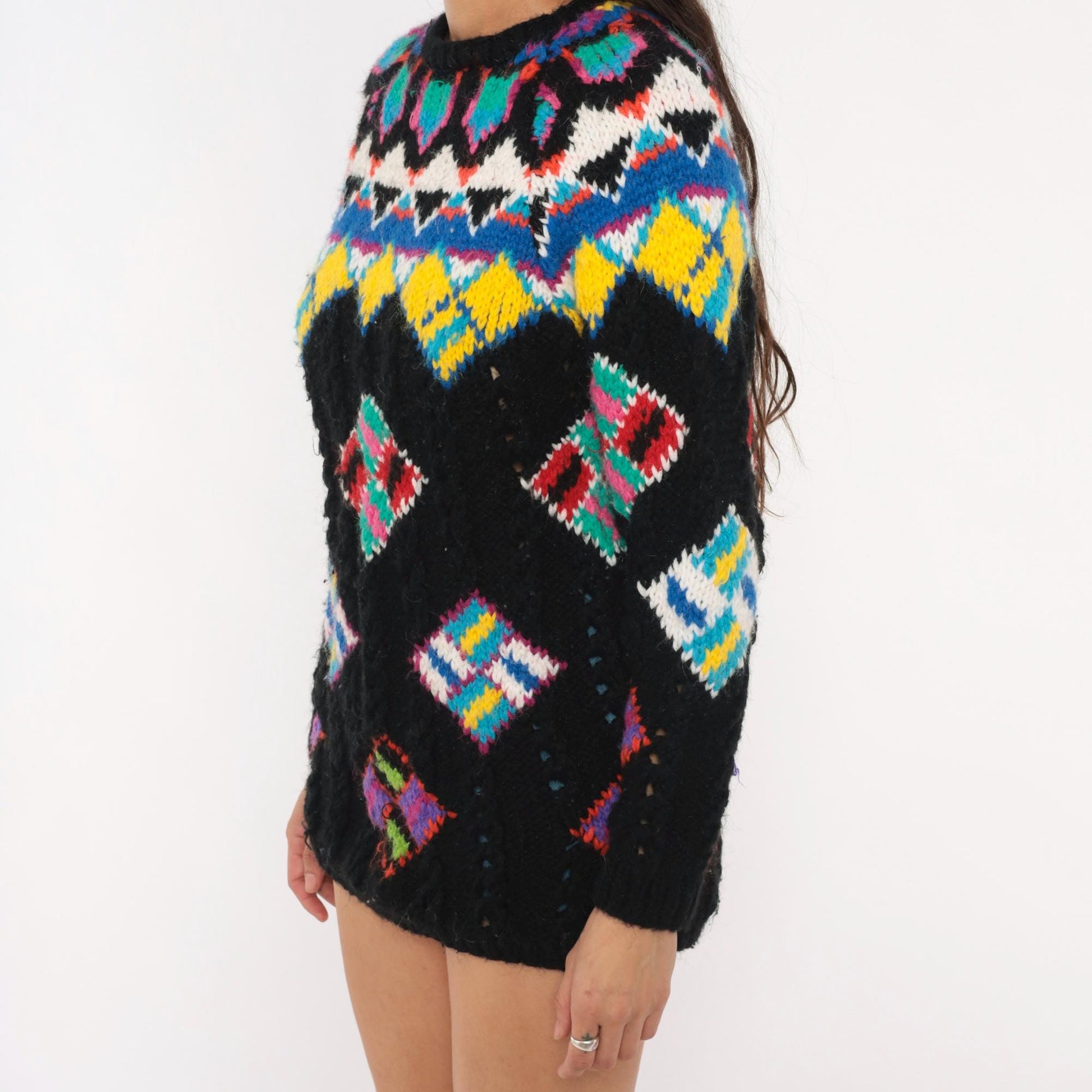 90s Kitty Hawk Fair Isle Sweater Black Multicolor Diamond Pullover Small S