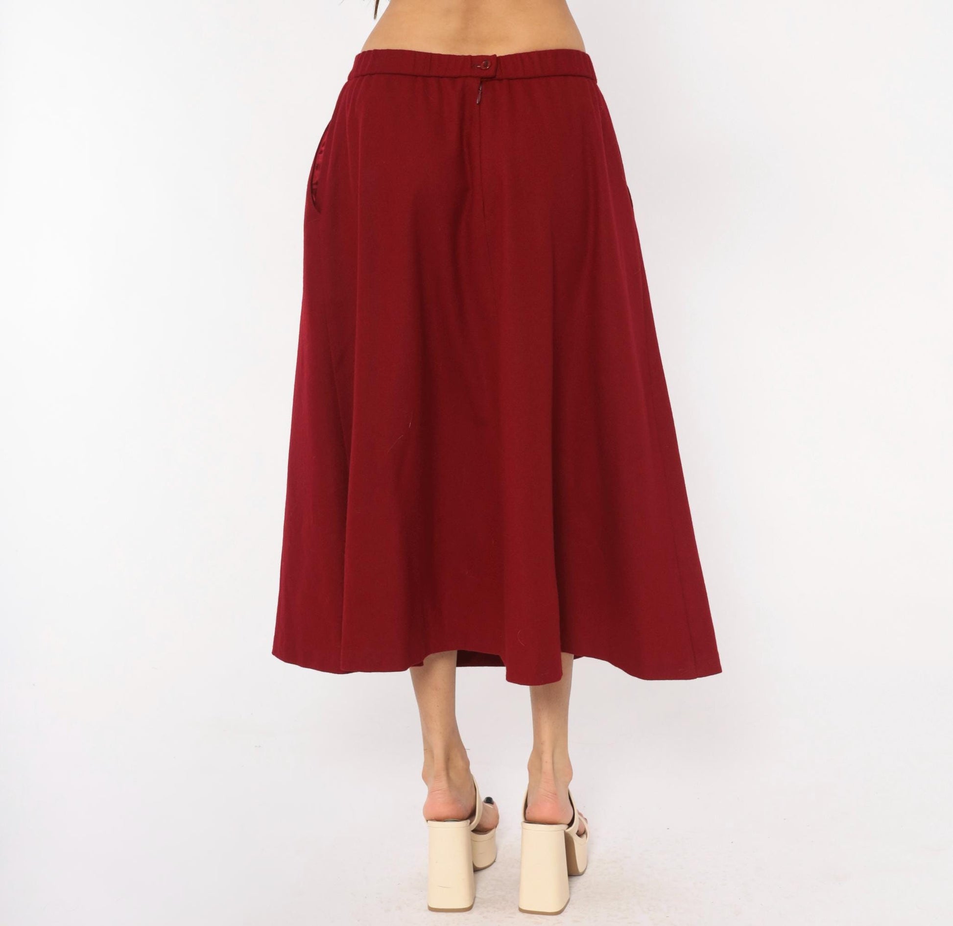 80s Koret Burgundy Wool Midi Skirt A-Line High Waist Large L