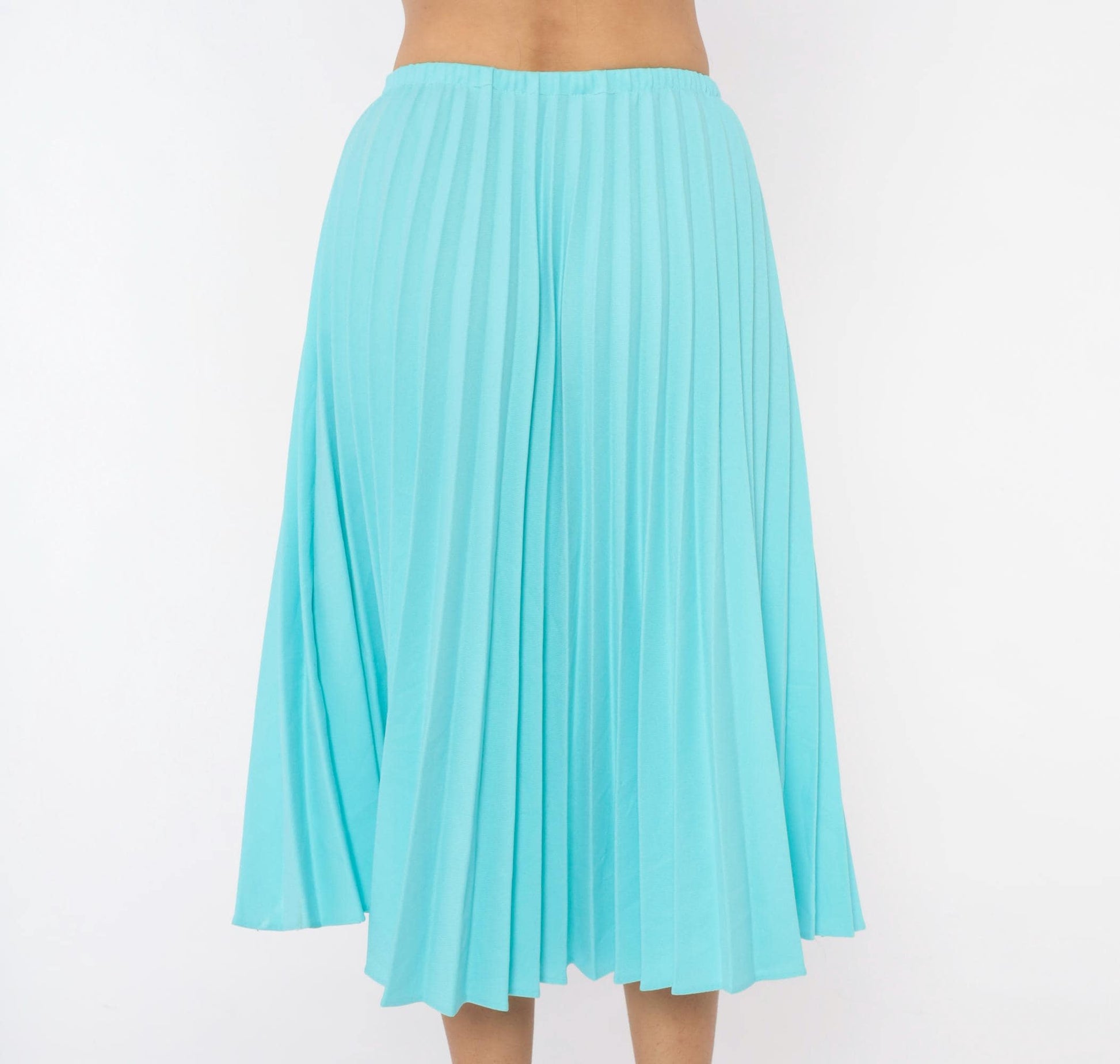 70s Aqua Pleated Midi Skirt Accordion Knife Pleat A-Line Sky Blue Small Medium