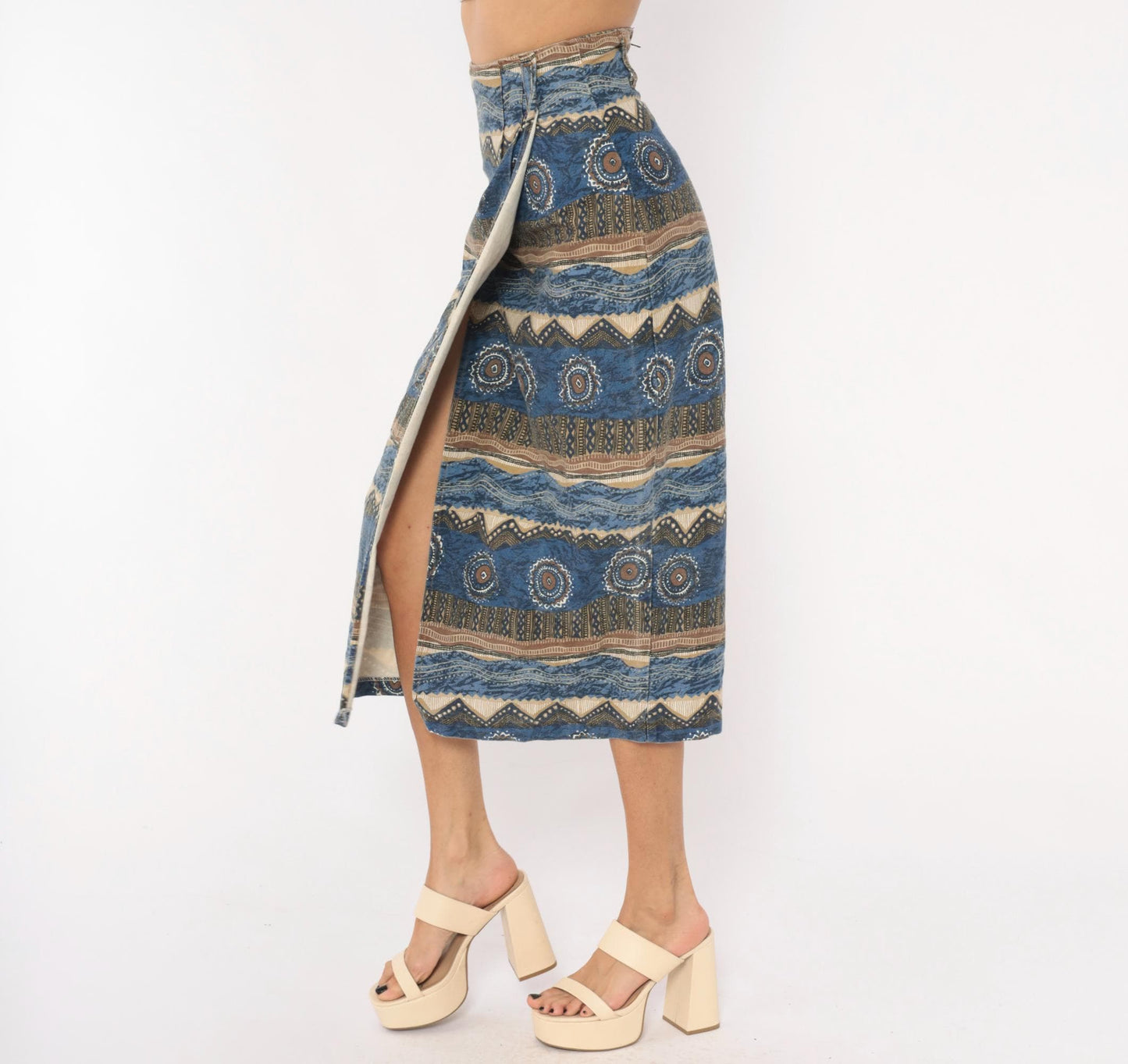 90s Southwestern Tribal Midi Skirt Blue Cream Cotton High Waist Wrap Small