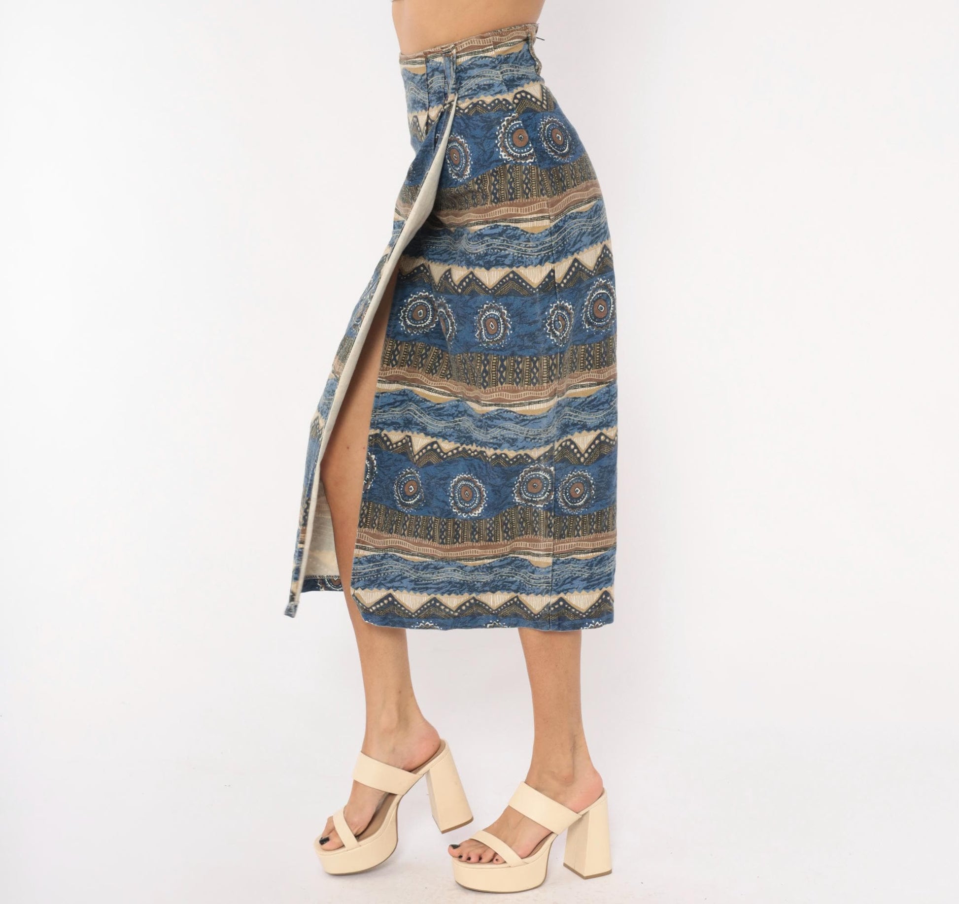 90s Southwestern Tribal Midi Skirt Blue Cream Cotton High Waist Wrap Small