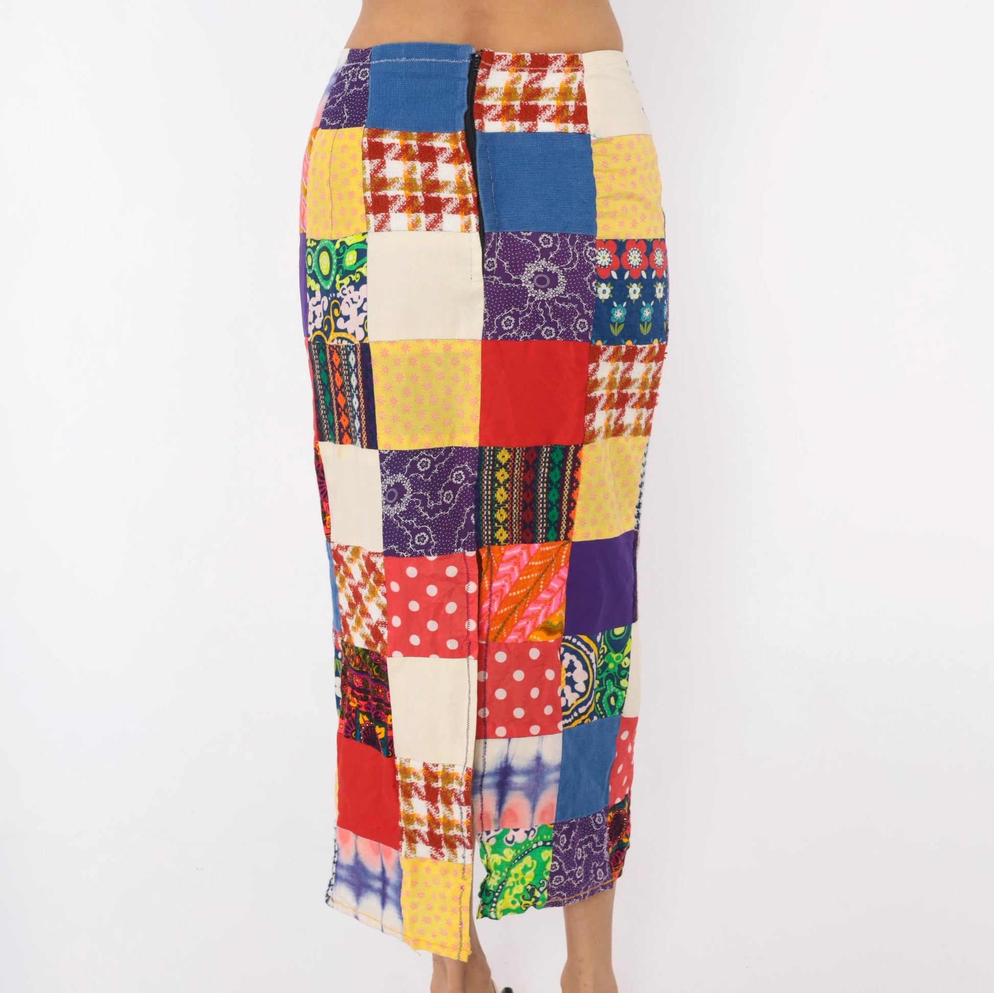 70s Patchwork Midi Skirt Quilted Multicolor High Waist Pencil Small
