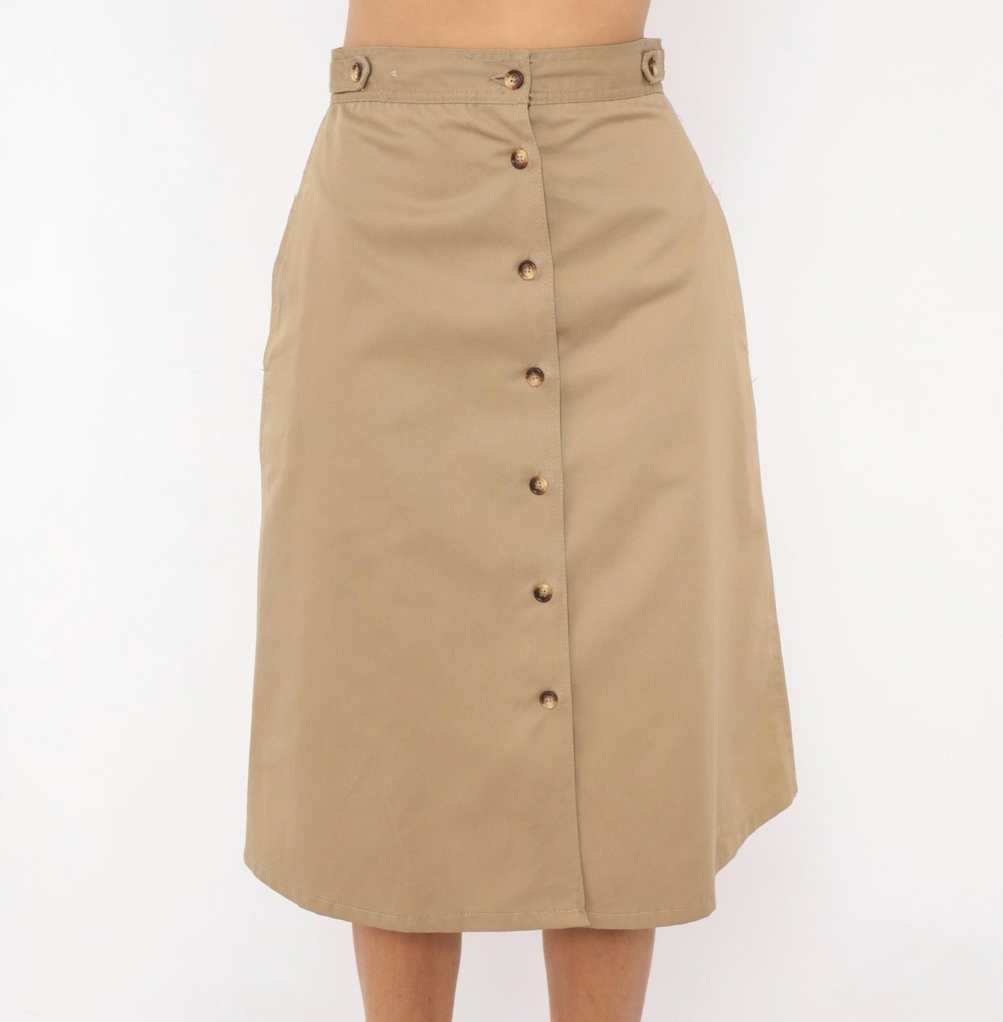 80s Bear It Khaki A-Line Midi Skirt Button Front Cotton Tan Small S