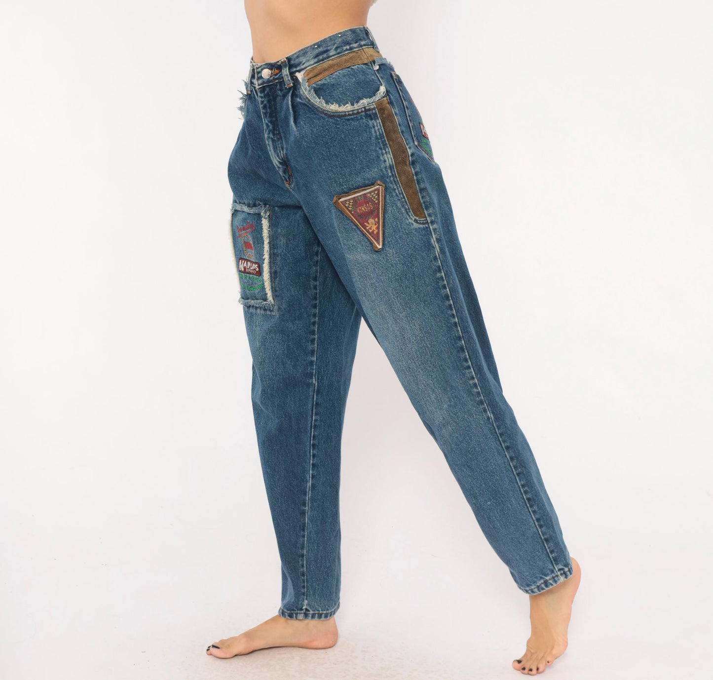 90s Kansas Brand Patchwork Denim Jeans High-Waisted Tapered Blue Suede Trim Small