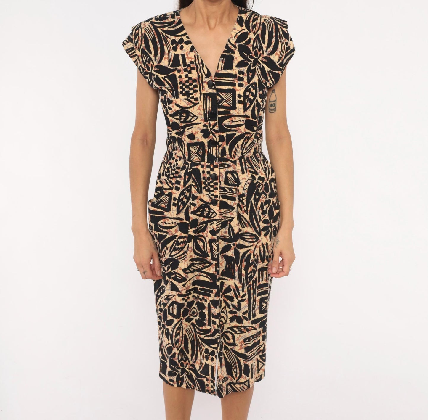 80s Tapa Print Dress Black Tan V-Neck Cotton Tropical Floral Pencil Small