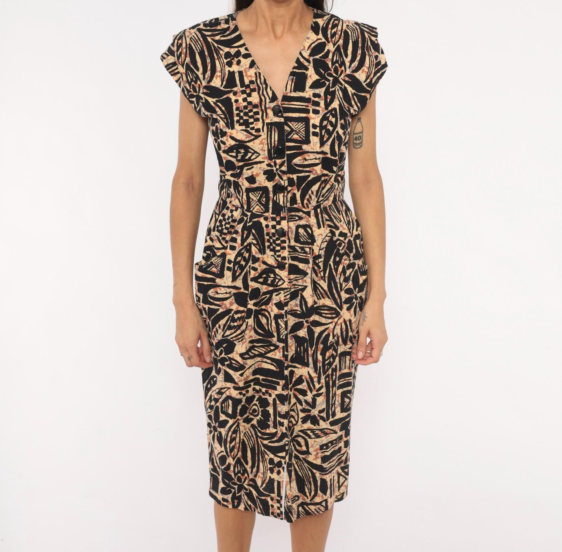 80s Tapa Print Dress Black Tan V-Neck Cotton Tropical Floral Pencil Small