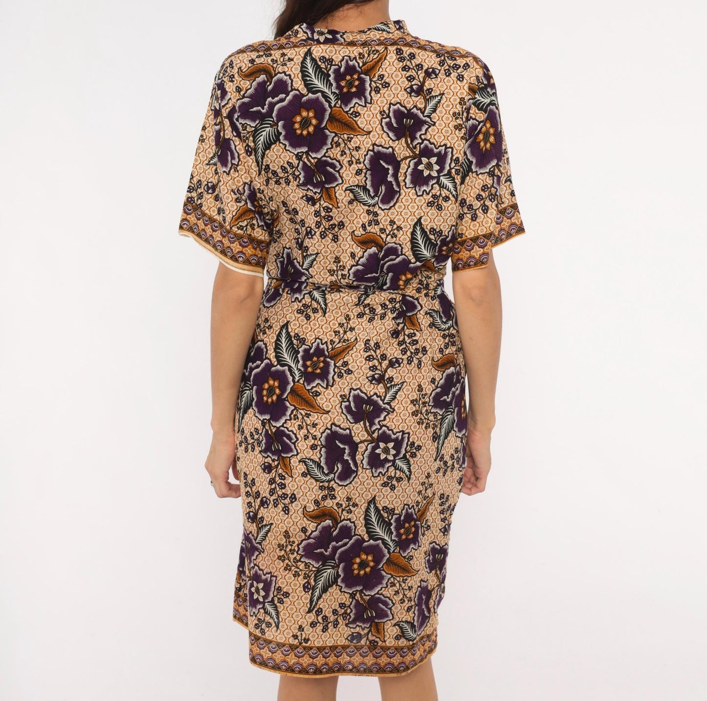90s Batik Keris Wrap Dress Purple Mustard Floral Kimono Sleeve Small