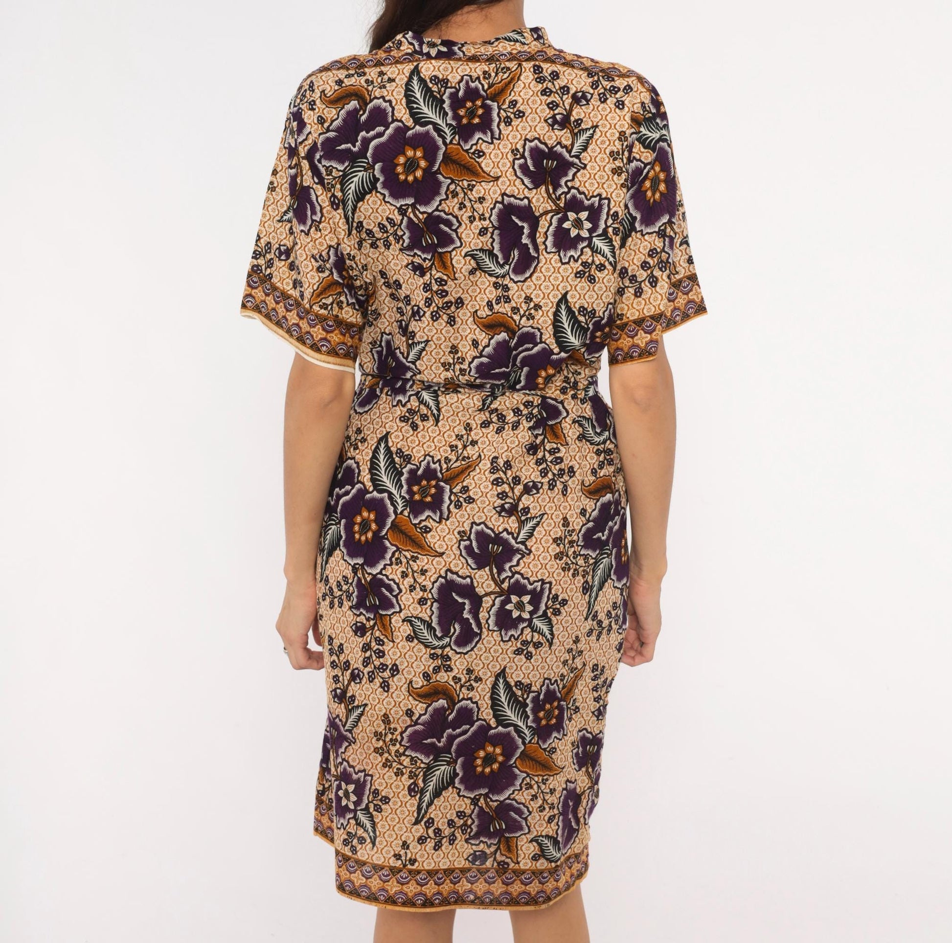 90s Batik Keris Wrap Dress Purple Mustard Floral Kimono Sleeve Small