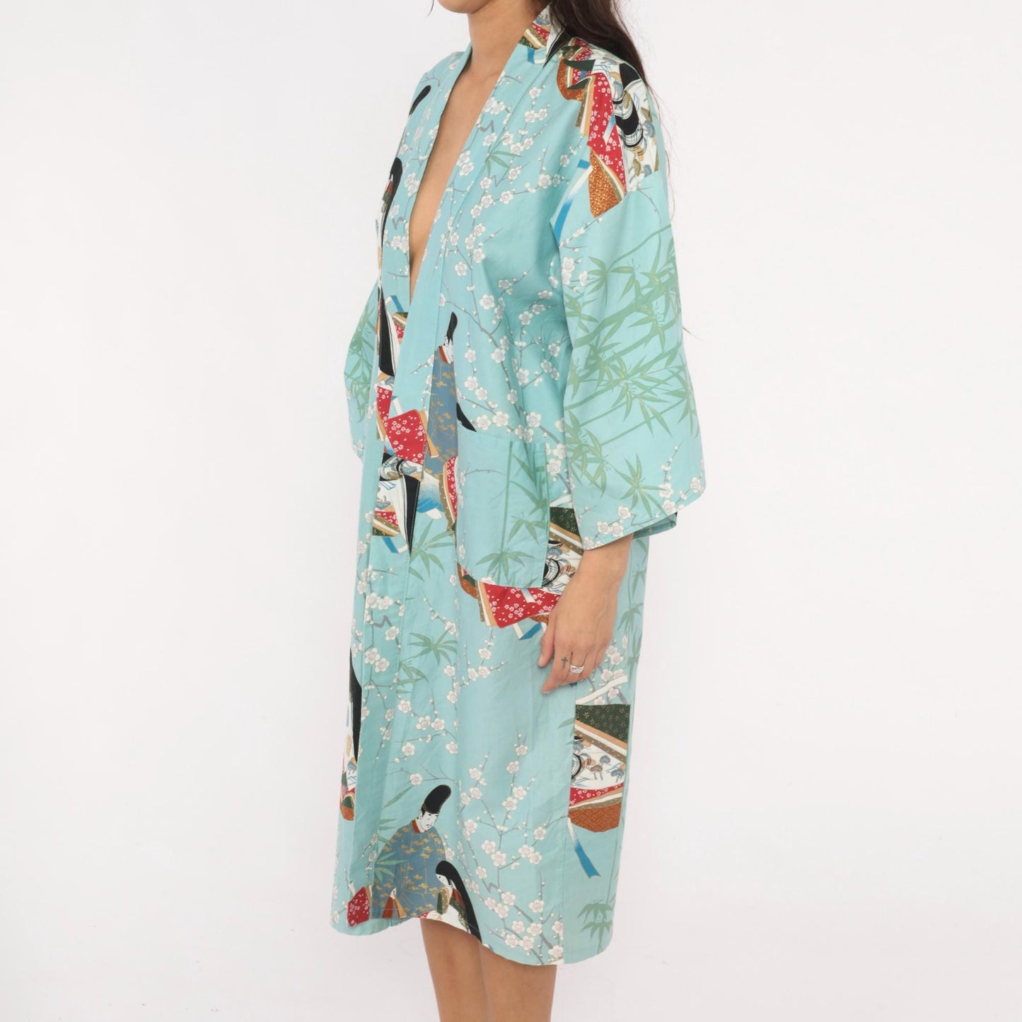 70s Hayashi Kimono Robe Blue Cotton Ukiyo-e Geisha Print Knee-Length Small