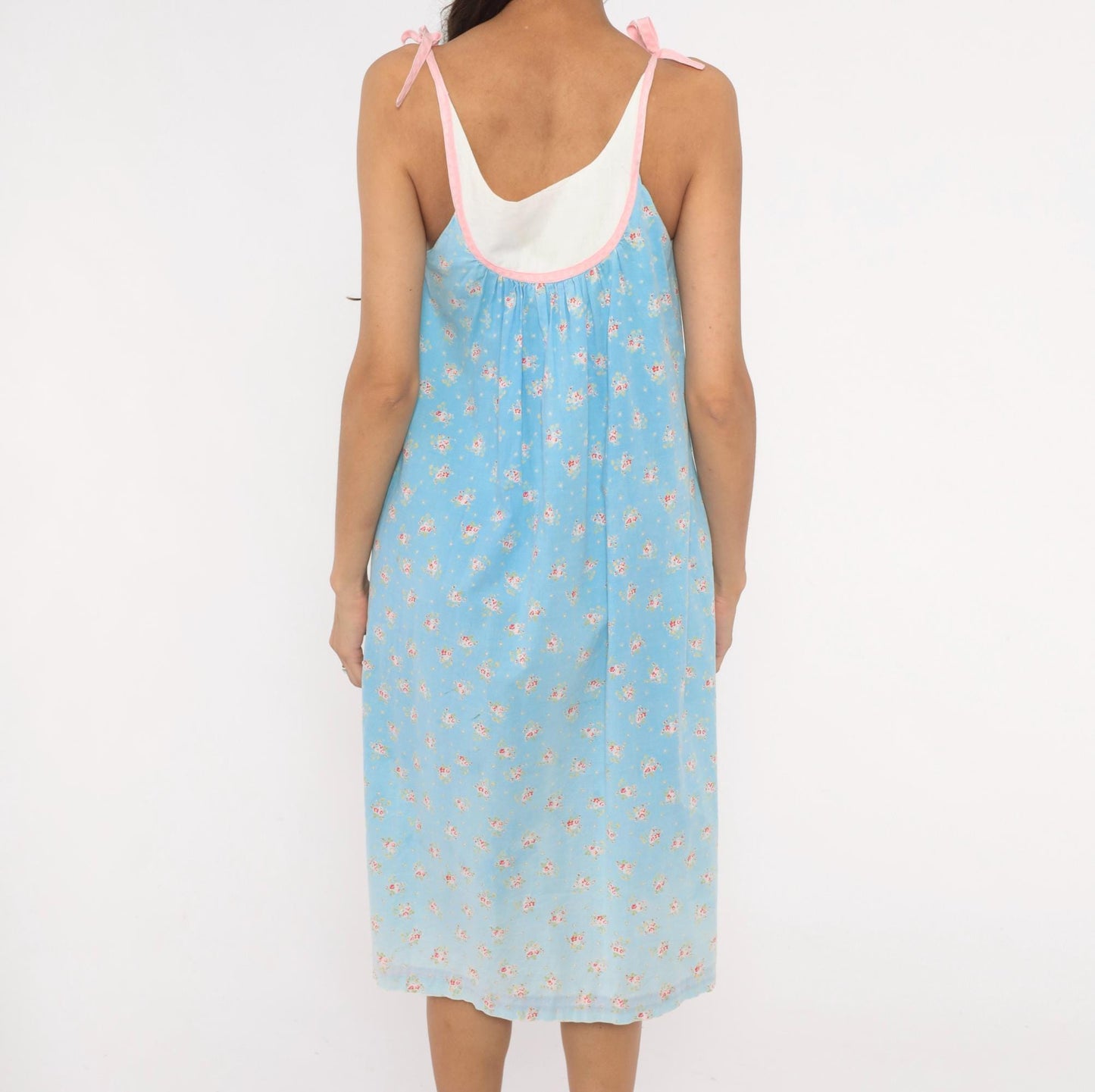 80s Baby Blue Floral Embroidered Nightgown Cotton Tie Shoulder Small