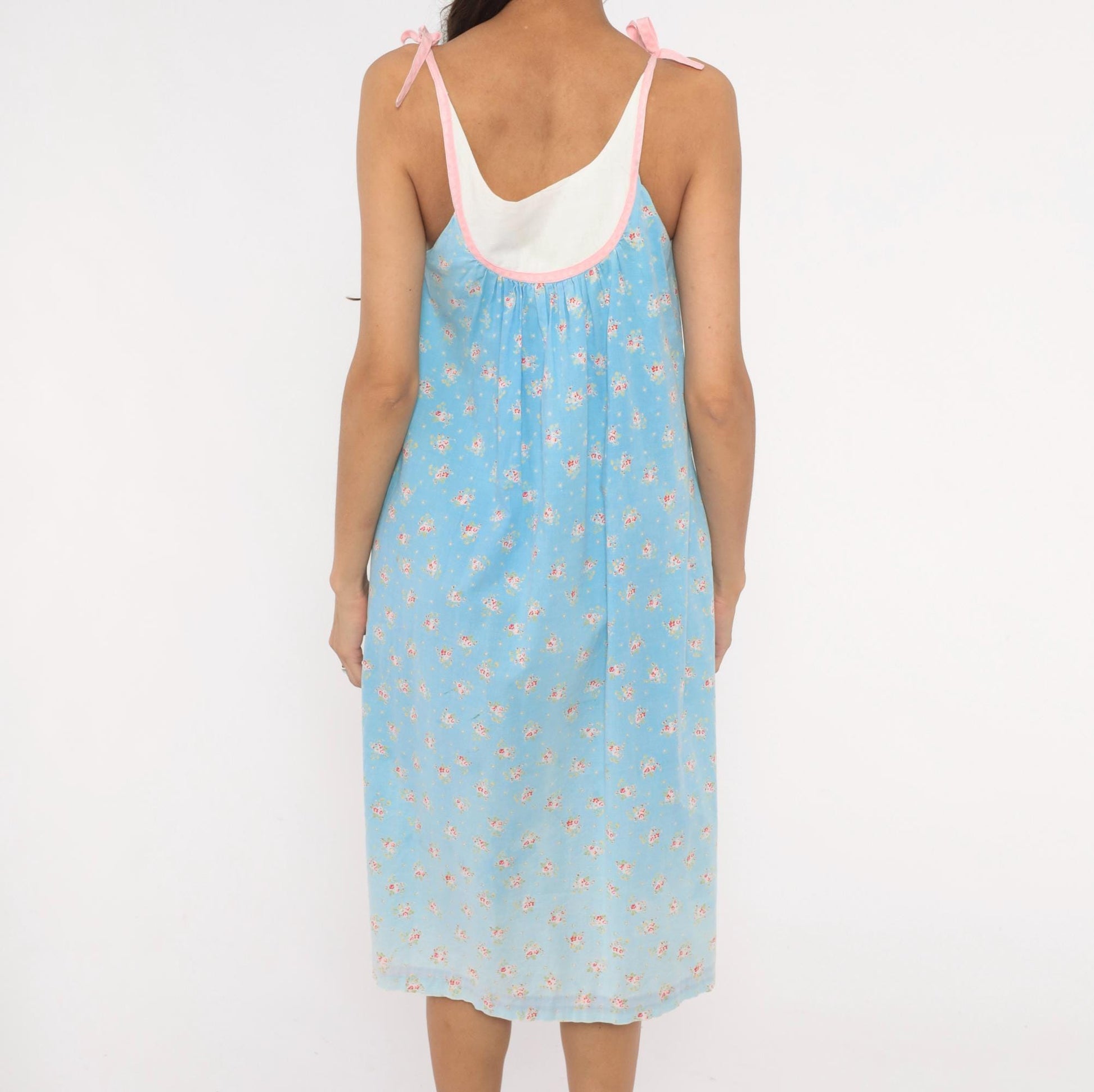 80s Baby Blue Floral Embroidered Nightgown Cotton Tie Shoulder Small