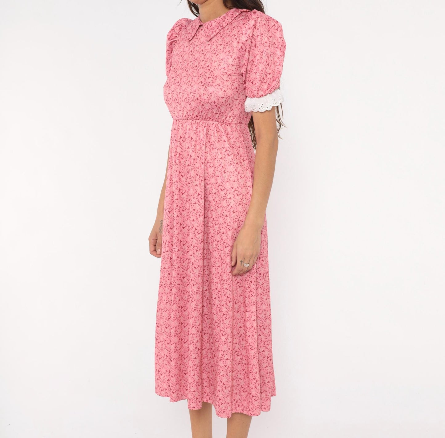 Y2K Pink Floral Midi Dress Puff Sleeve Peter Pan Collar Eyelet Lace Small S