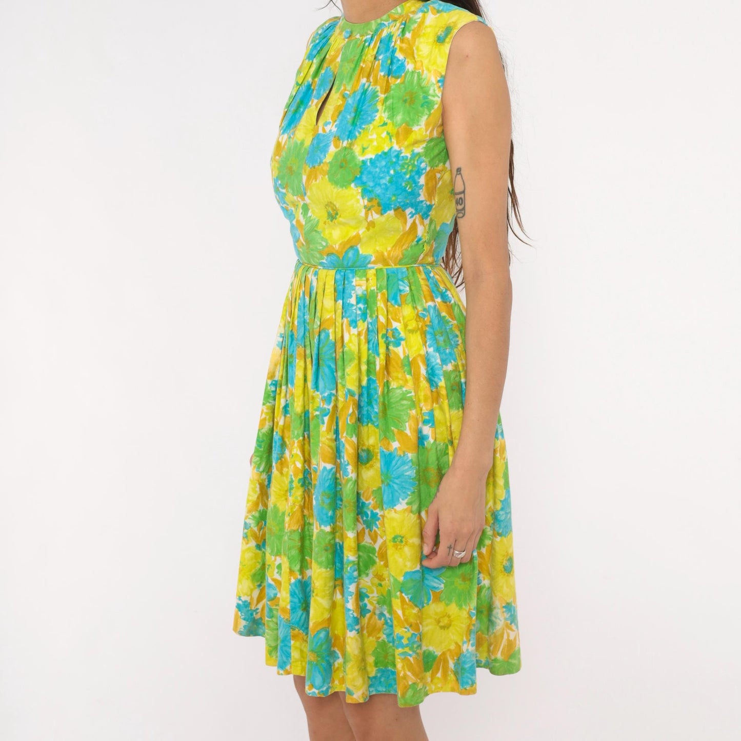 60s Floral Fit-and-Flare Sundress Daisy Print Yellow Green Blue Cotton XS
