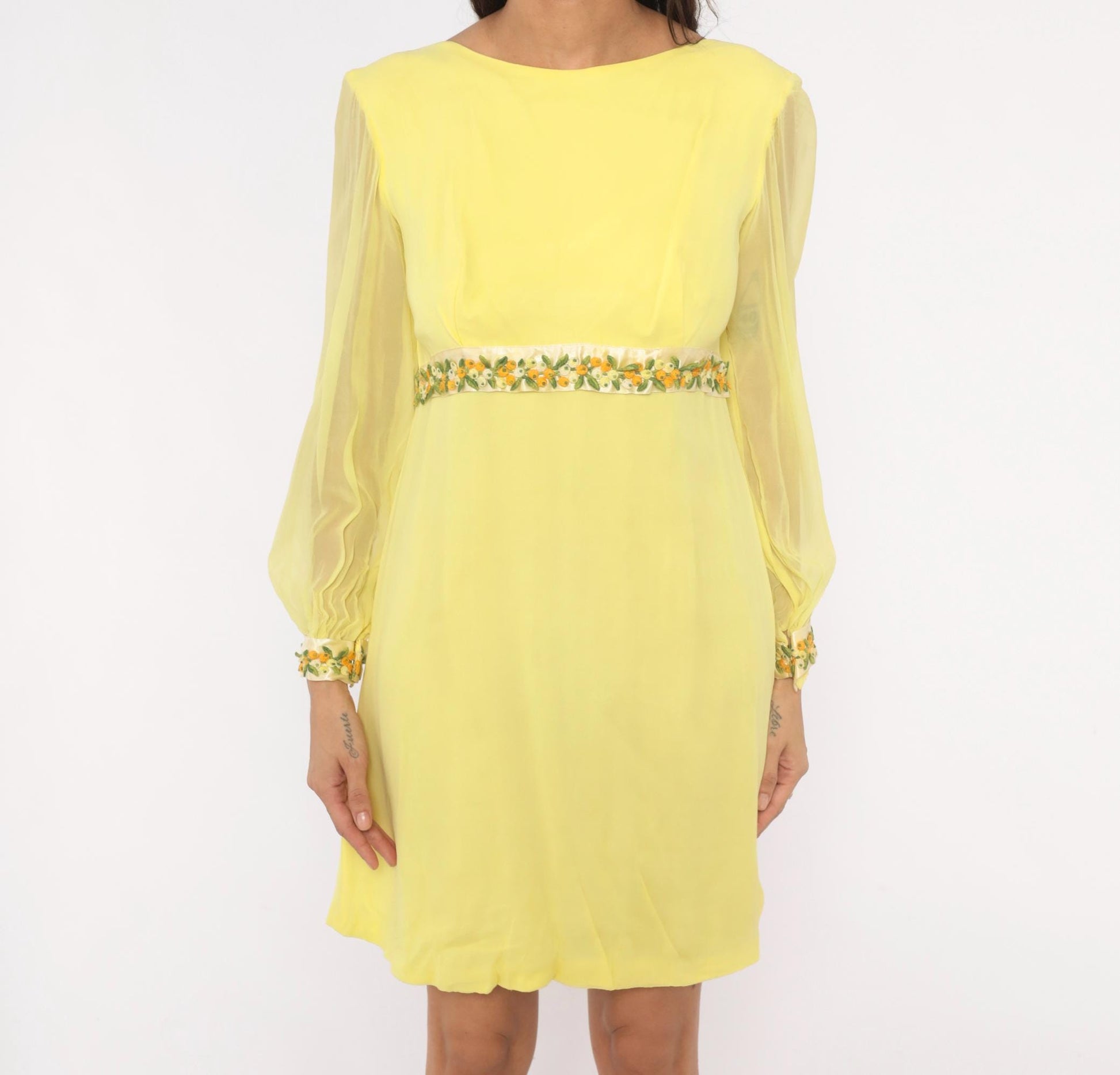 1960s Yellow Chiffon Empire Waist Mini Dress Embroidered Floral Small