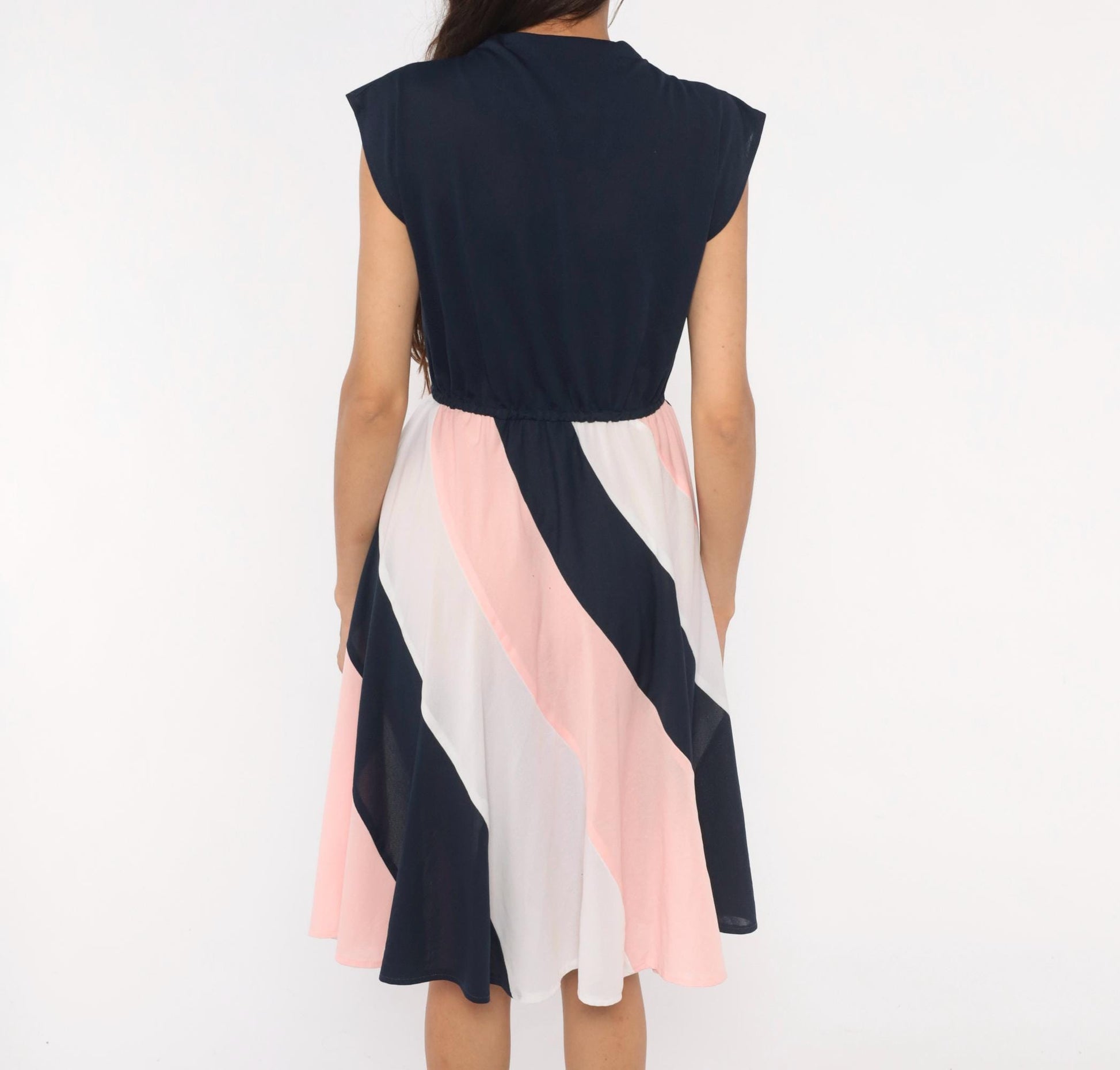 70s Navy Colorblock Sundress Pink White Diagonal Stripe Knee-Length Medium