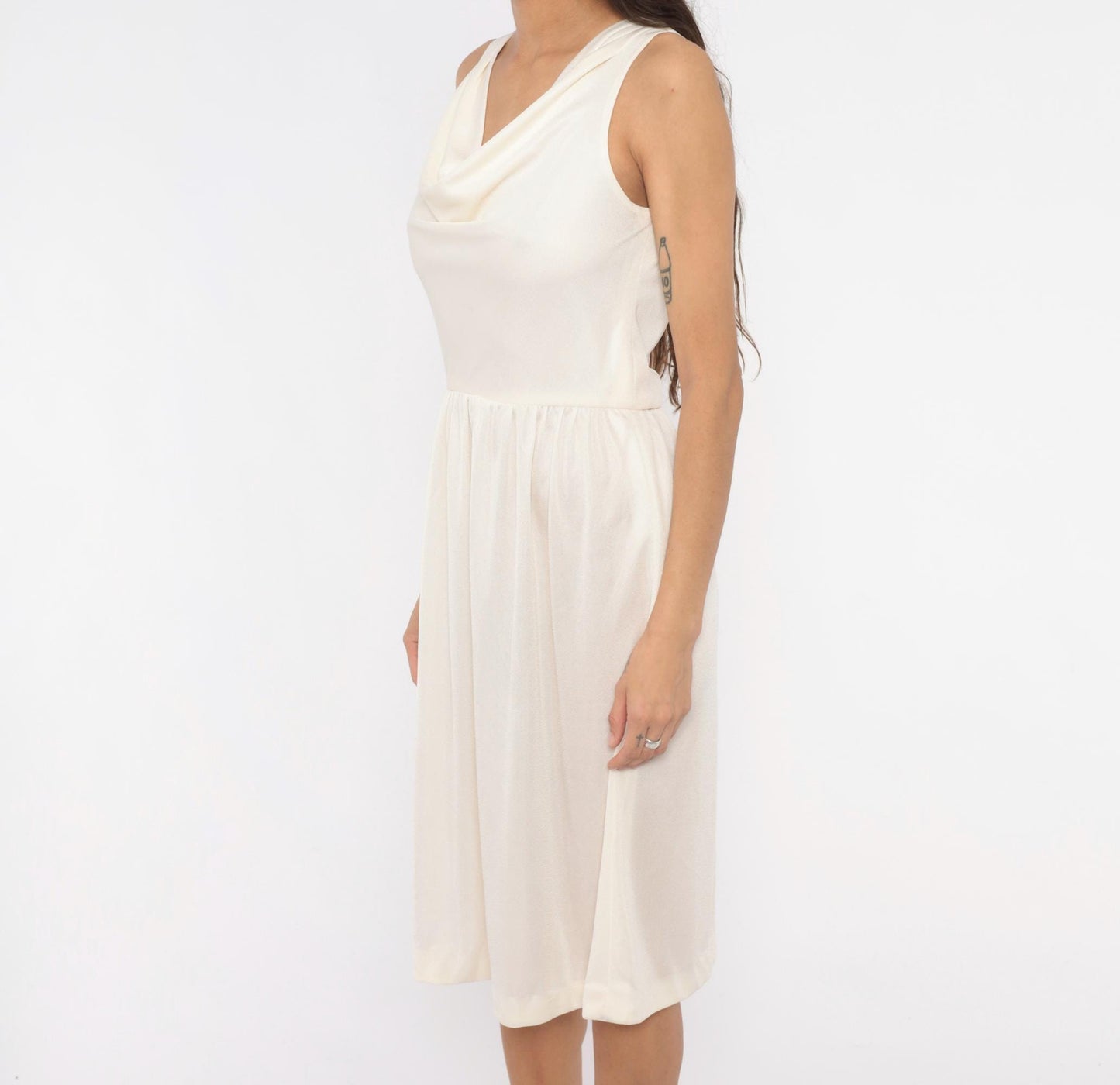 70s Kappi Cowl Neck Sundress Cream Sleeveless Gathered Waist Knee-Length Medium M