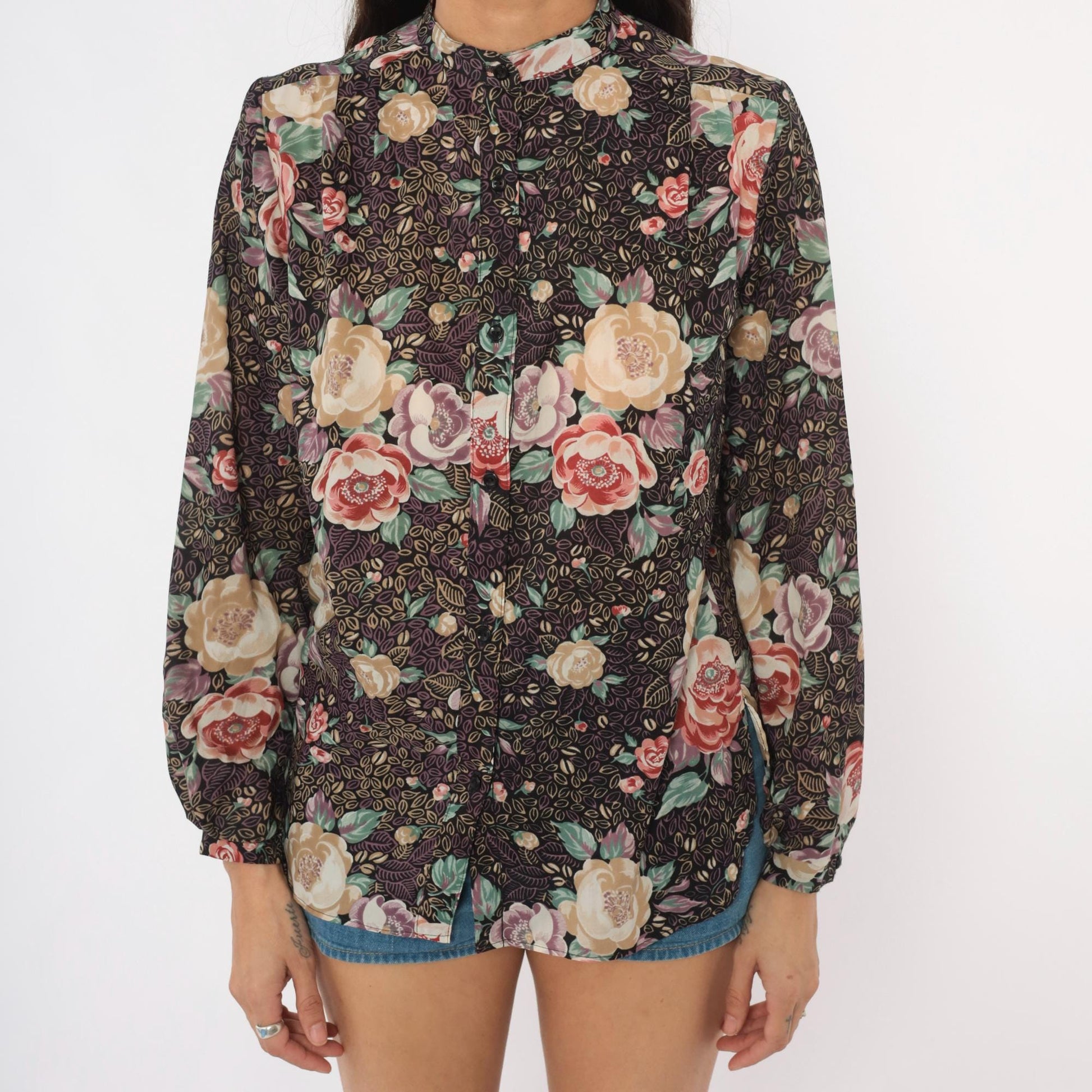 80s Elles Belles Floral Blouse Puff Shoulder Rose Print Plum Medium