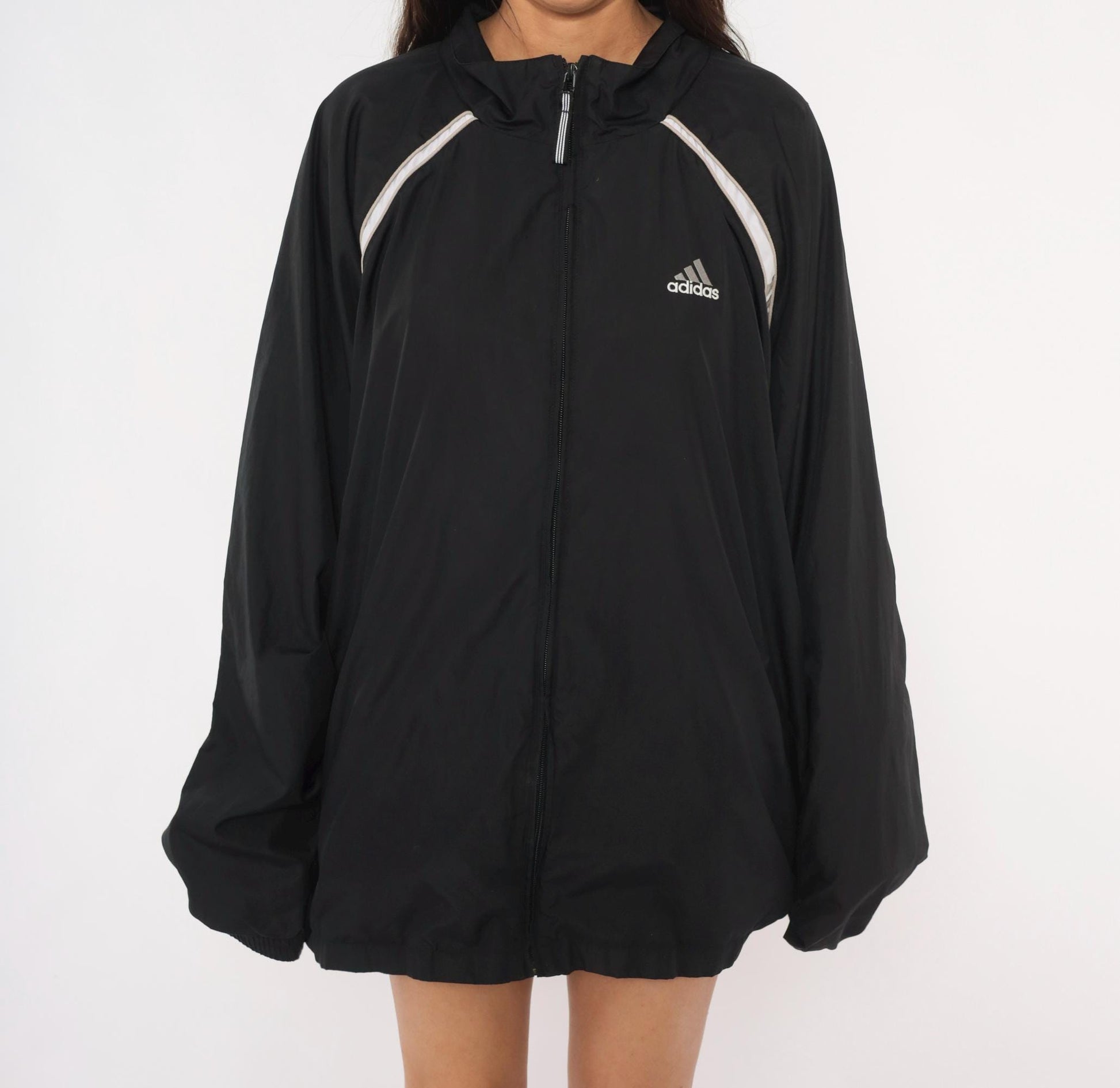 2000s Adidas Black Windbreaker White Stripe Raglan Jacket Plus Size XXL
