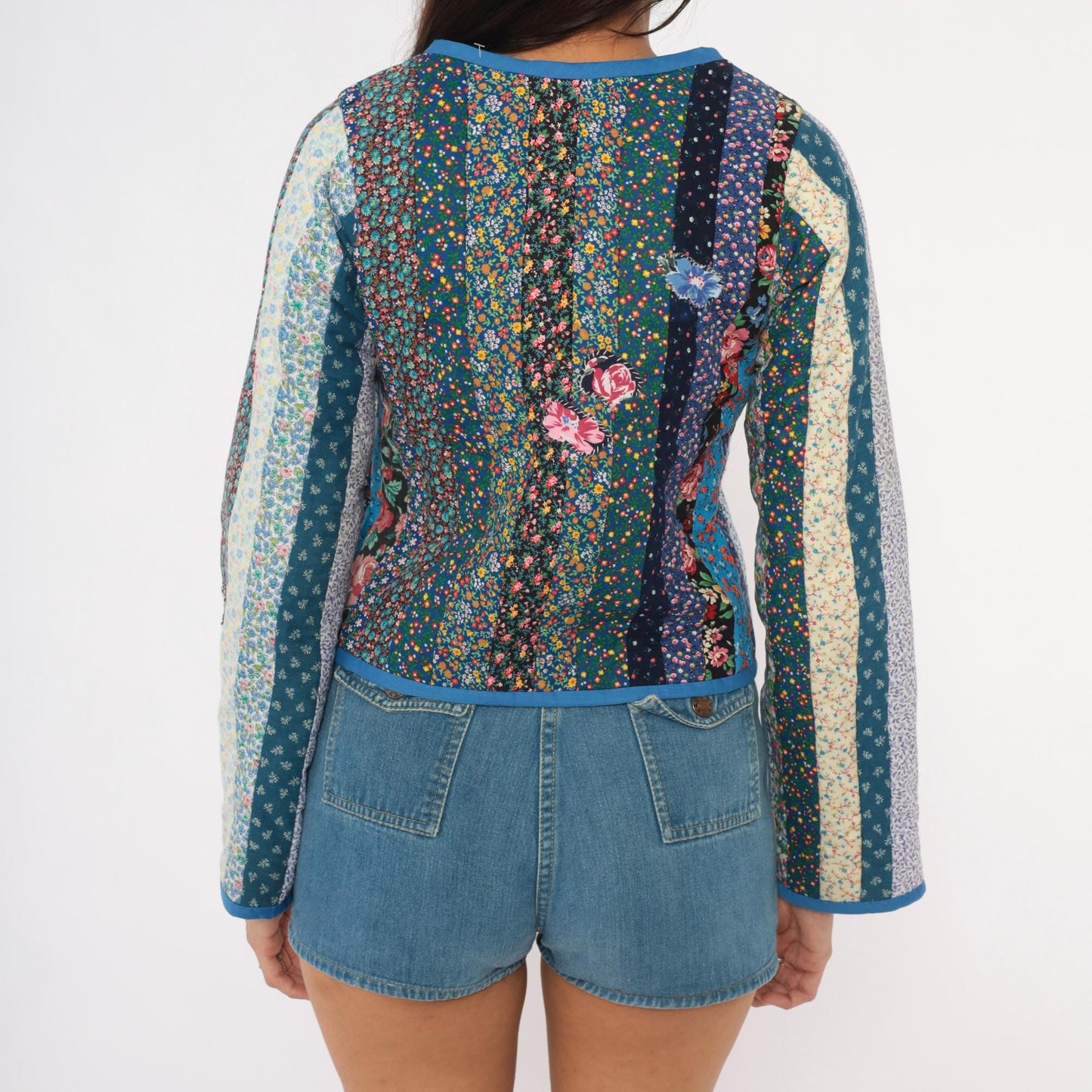 90s Calico Patchwork Quilted Jacket Log Cabin Floral Cotton Blue Navy Extra Small XS