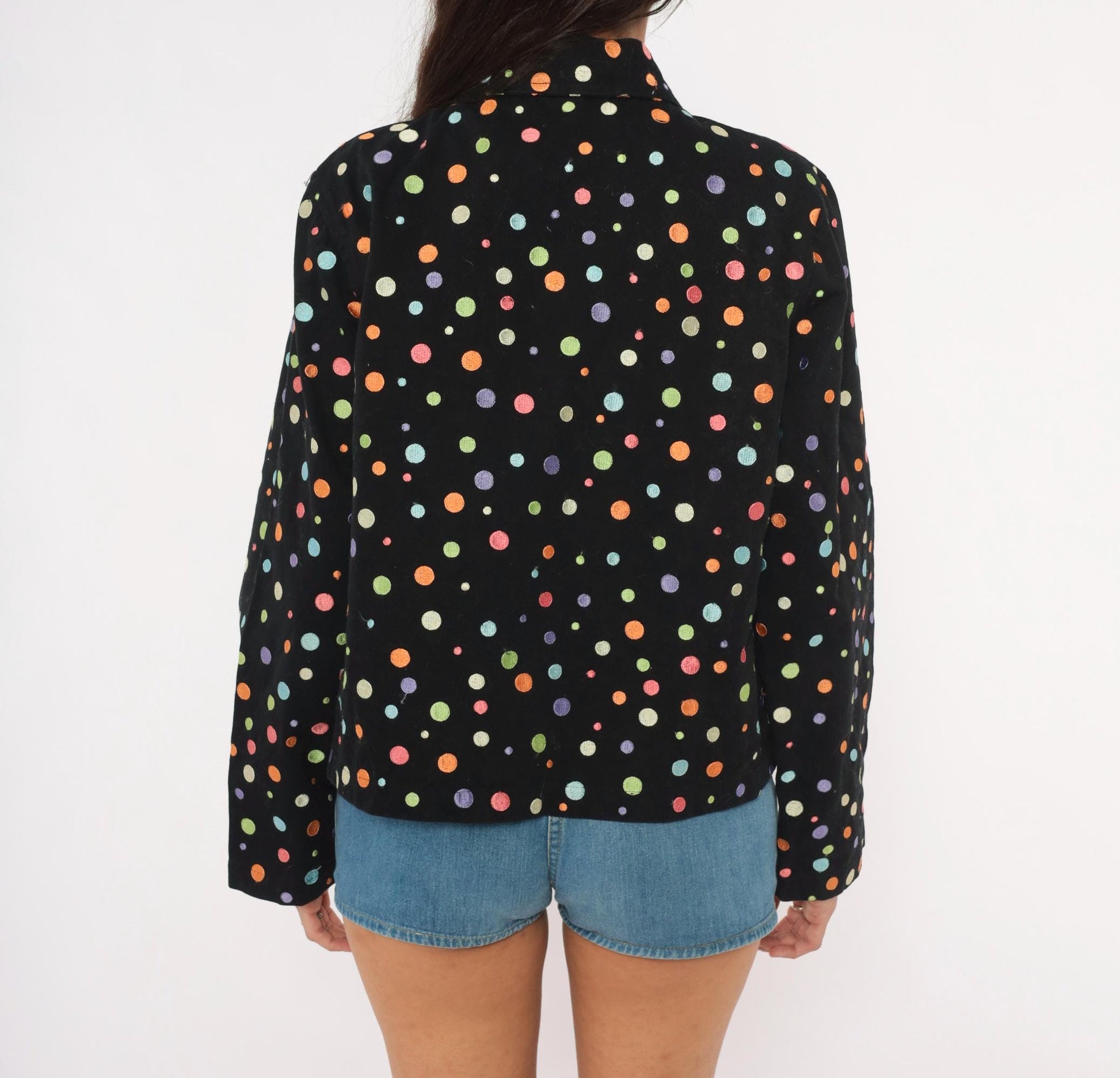 2000s Carrie Allen Polka Dot Cotton Jacket Black Multicolor Button Front Cropped Extra Large