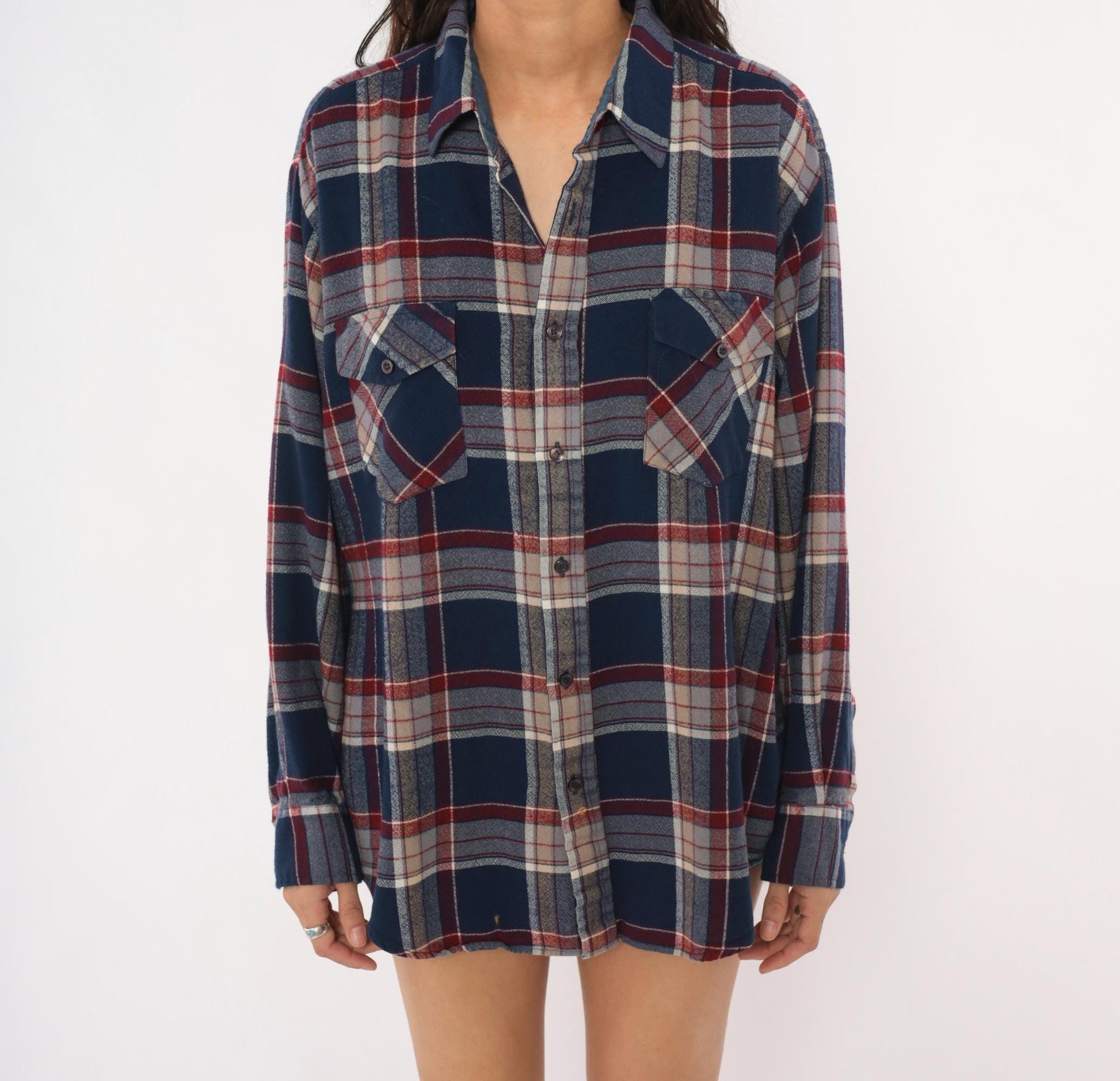 80s B.S.R. Navy Burgundy Plaid Flannel Shirt Point Collar Large L