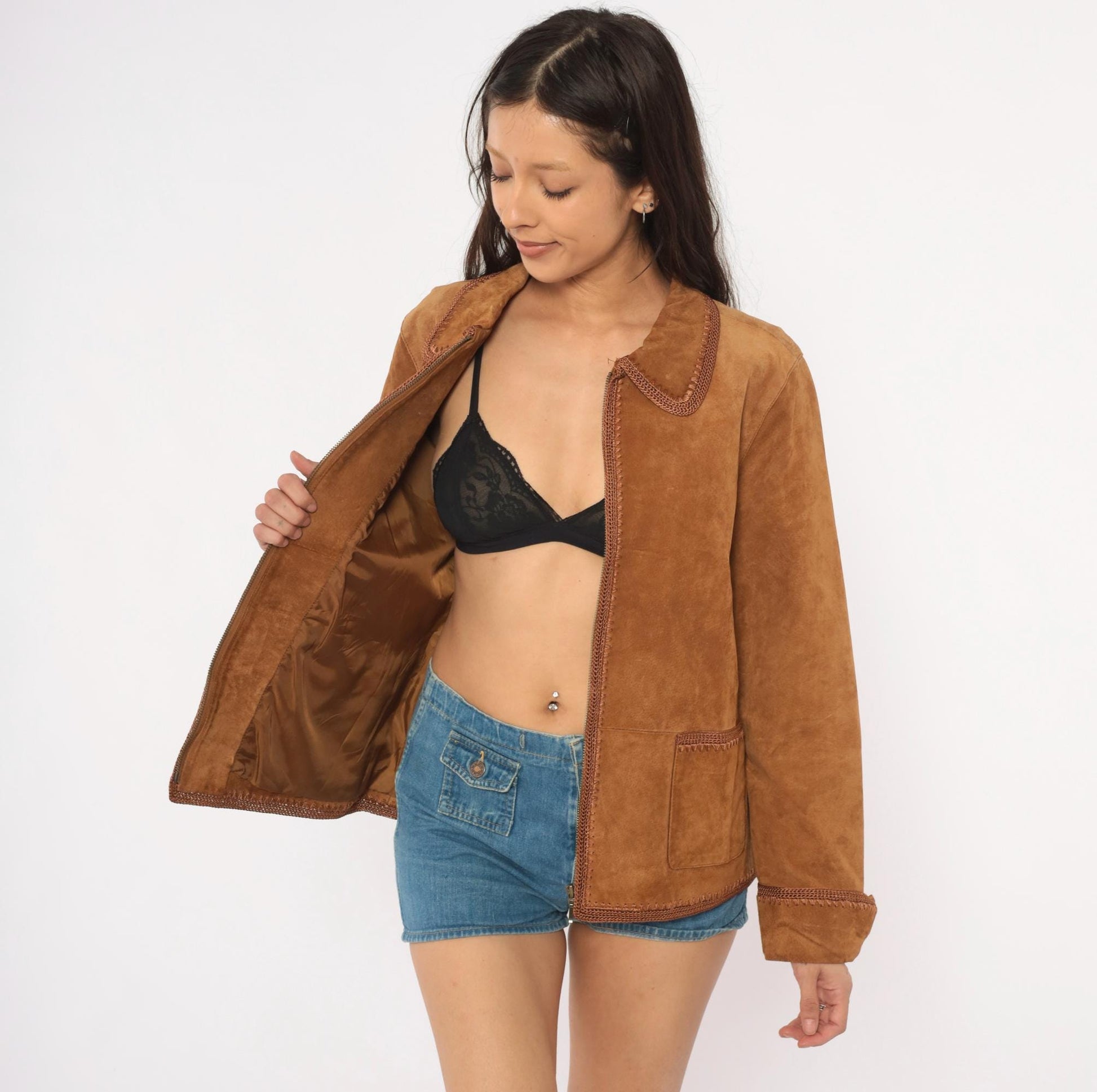 2000s Christopher & Banks Suede Jacket Brown Crochet Trim Zip Collared Large L