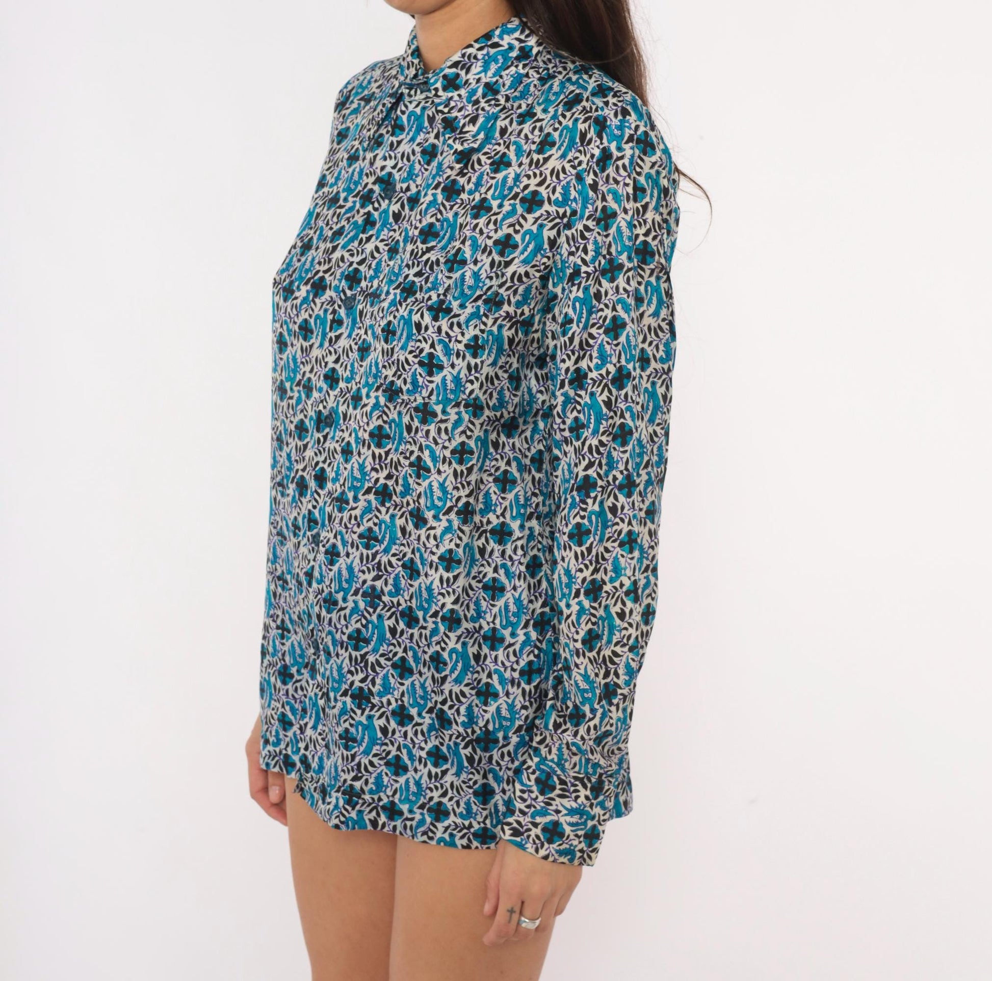 70s Anant & Co Batik Silk Shirt Teal Black Botanical Bird Print Pointed Collar Medium M