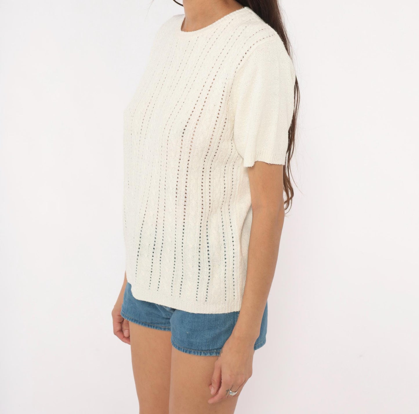 80s Pointelle Cable Knit Pullover Cream Short Sleeve Scoop Neck Large L