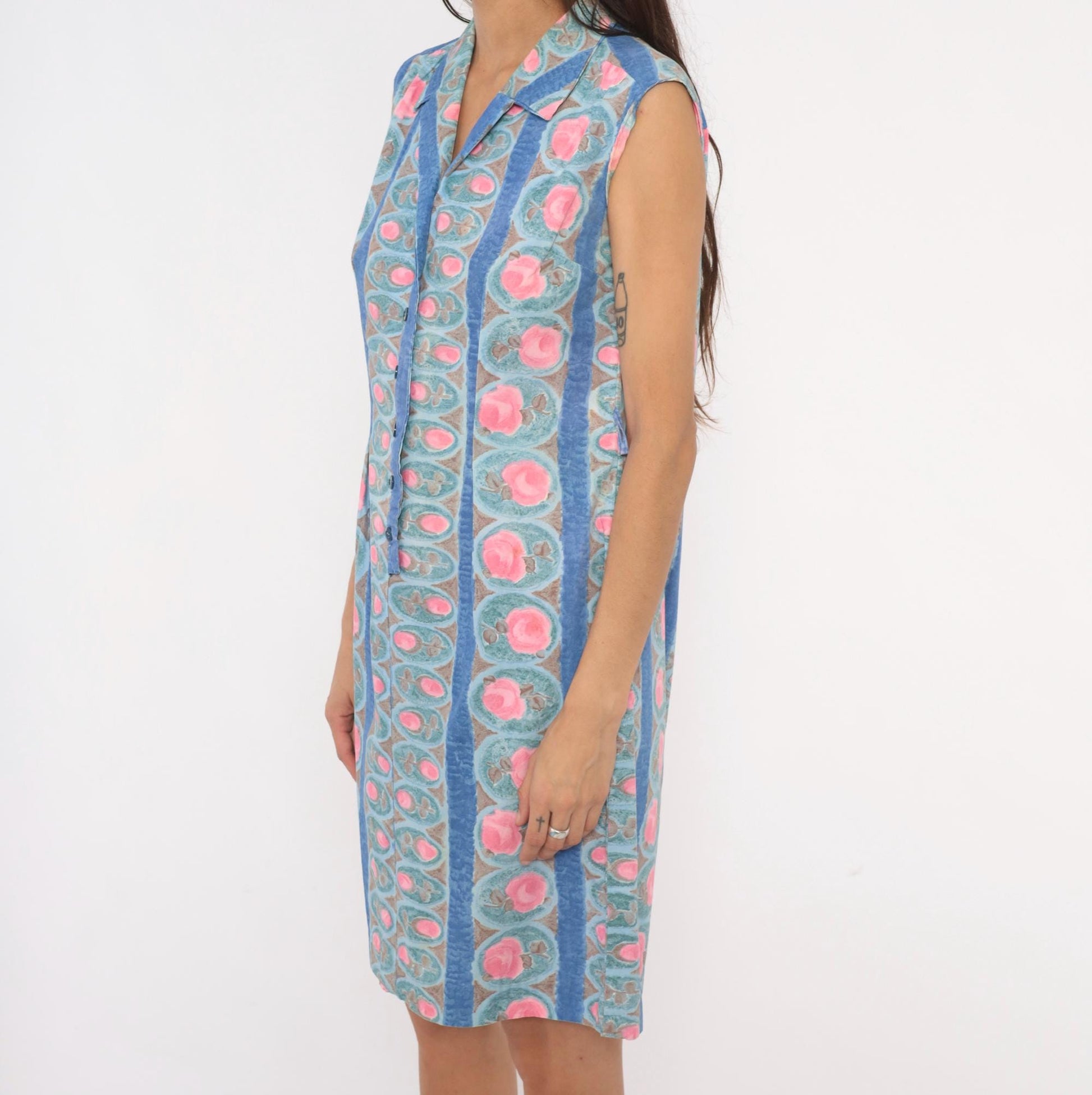 80s Floral Medallion Shirtdress Blue Pink Striped Cotton Sleeveless Medium