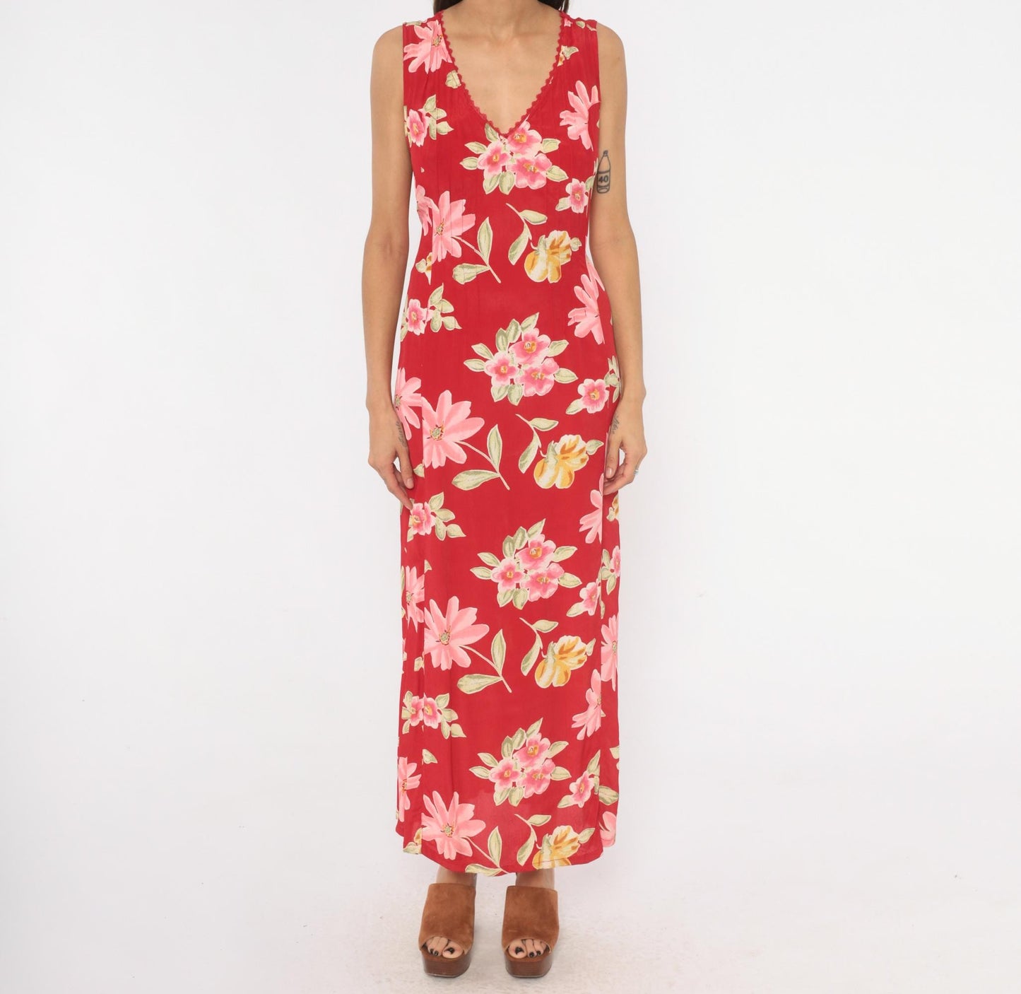 90s White Stag Red Floral Maxi Dress Sleeveless V-Neck Lace Trim Large L