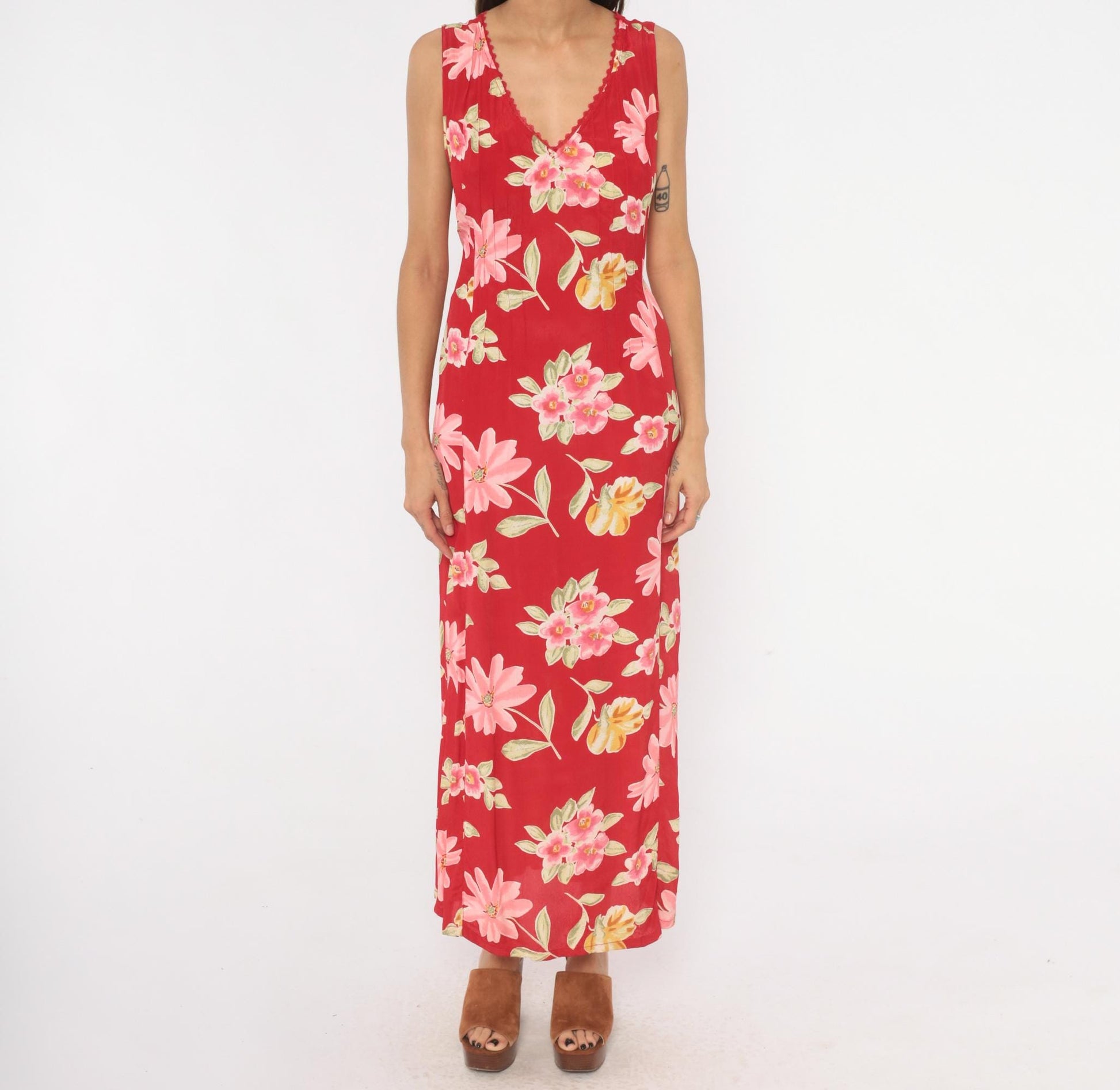 90s White Stag Red Floral Maxi Dress Sleeveless V-Neck Lace Trim Large L