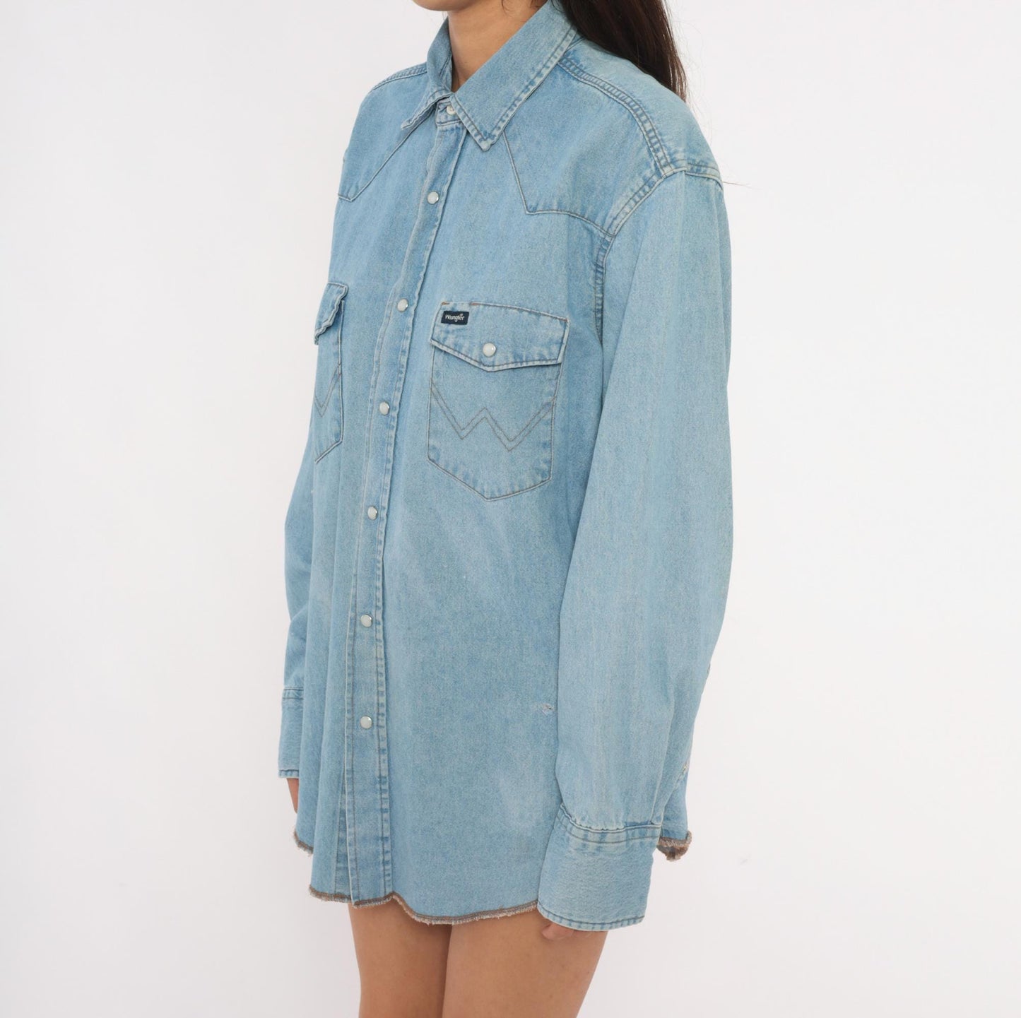 90s Wrangler Western Denim Shirt Pearl Snap Light Blue Cotton Large L