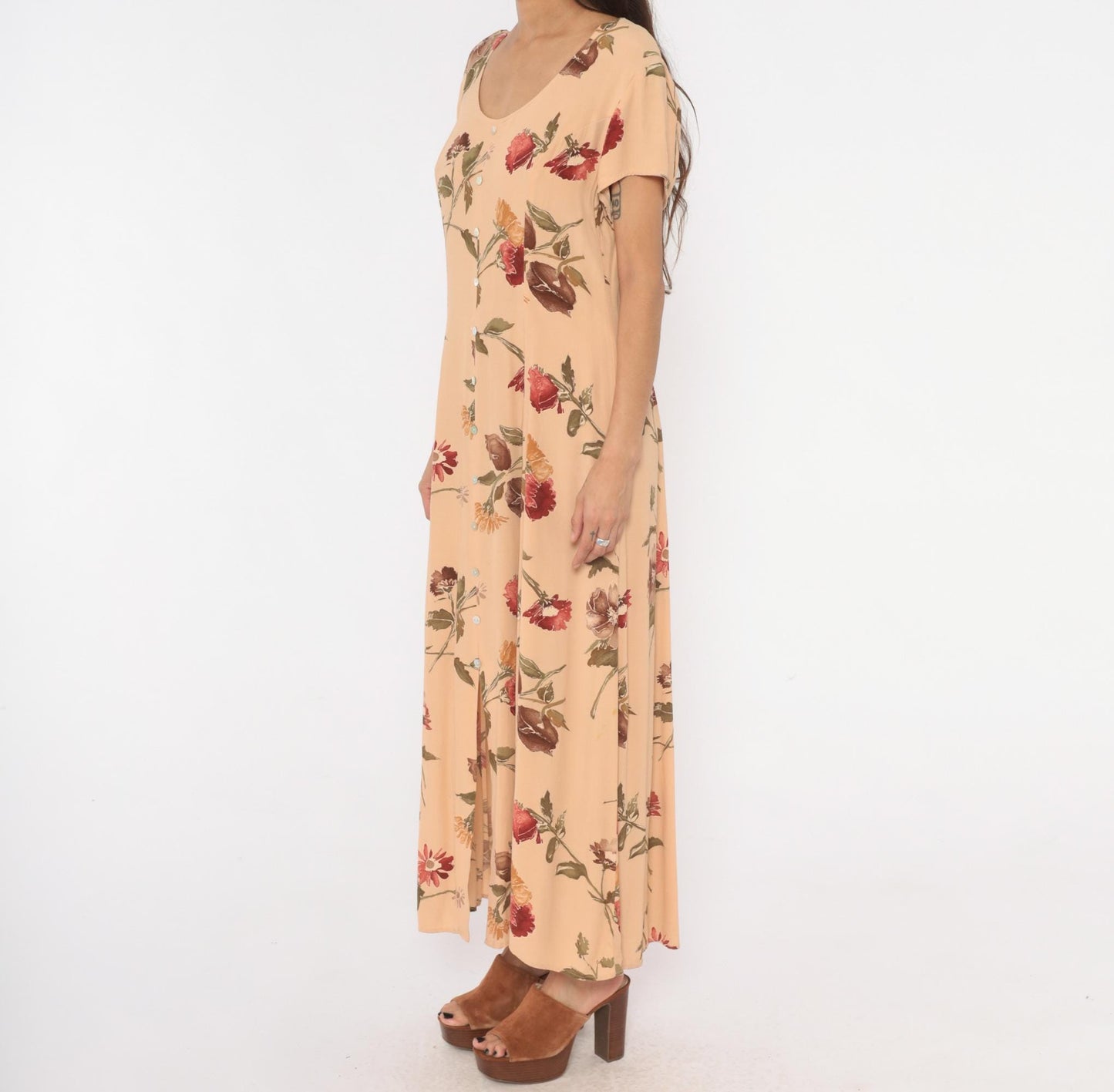 90s Jeffery & Dara Floral Maxi Dress Peach Button Front Scoop Neck Large L