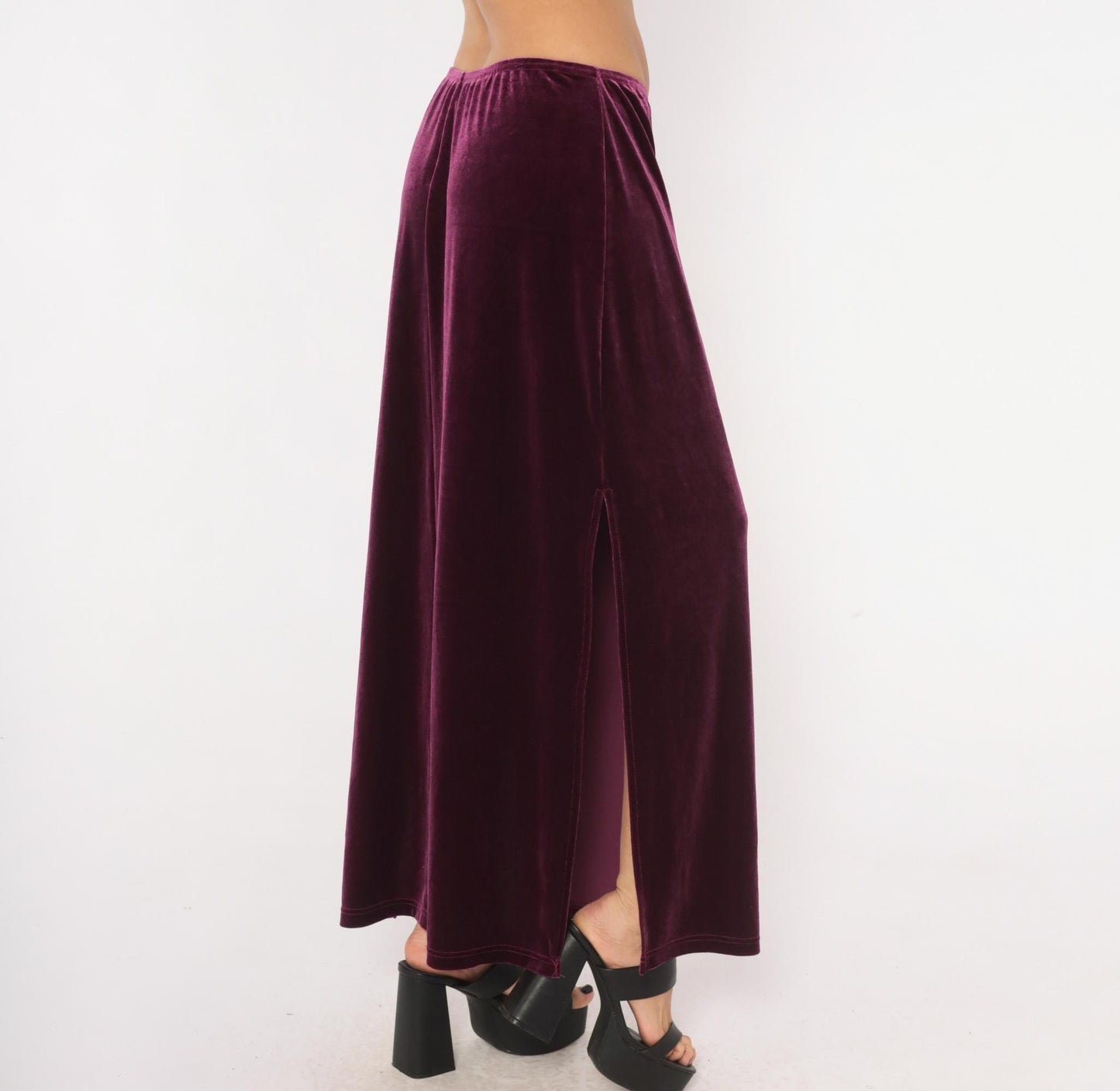 2000s Exact Change Plum Velvet Maxi Skirt A-Line Ankle Slit Extra Large XL