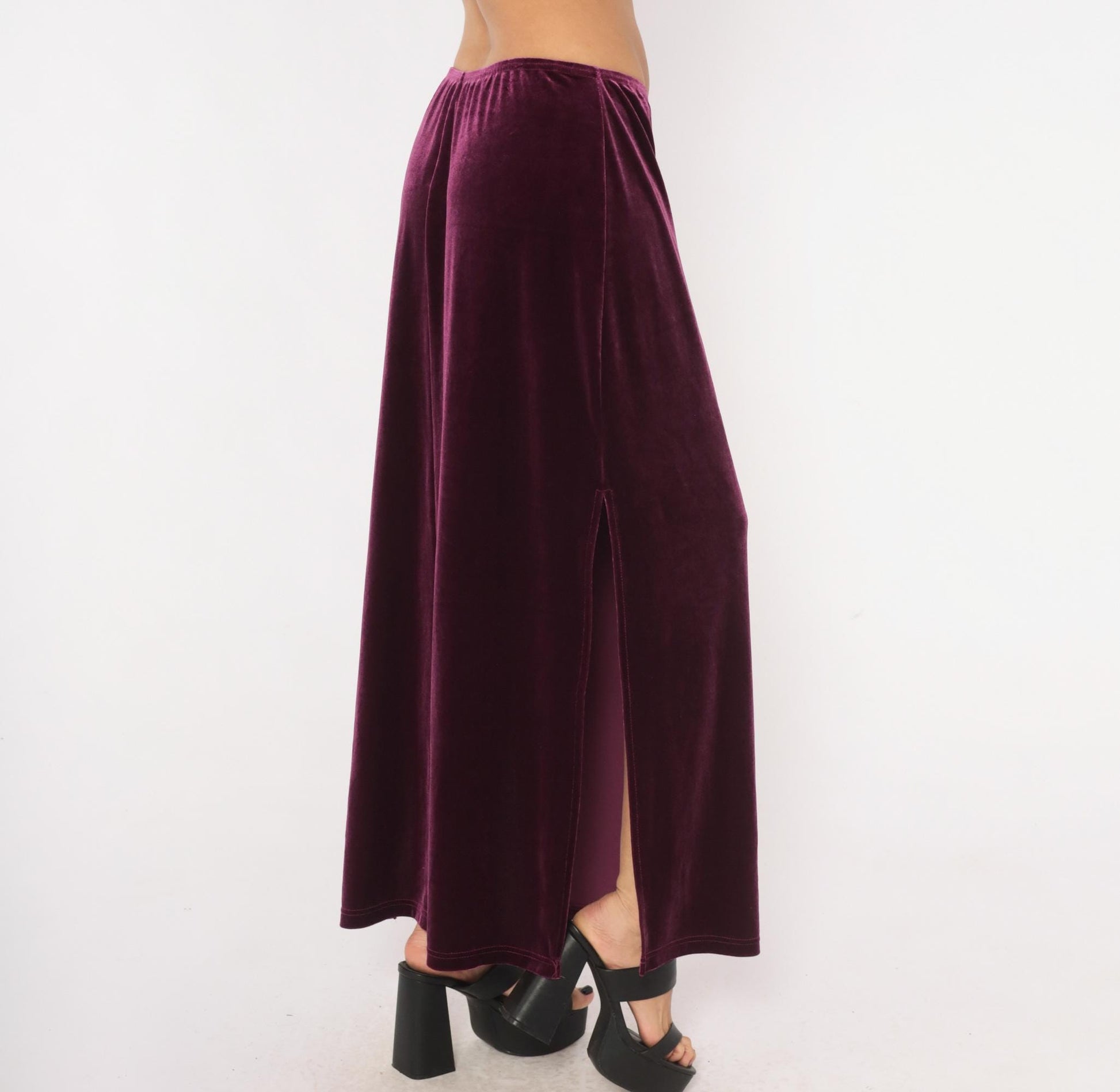 2000s Exact Change Plum Velvet Maxi Skirt A-Line Ankle Slit Extra Large XL