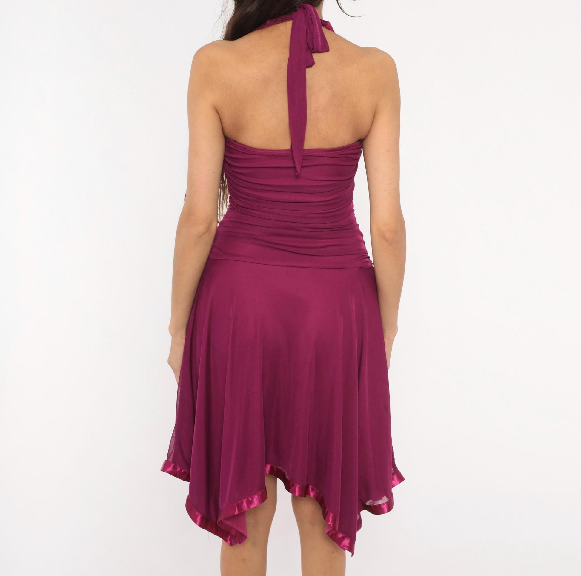 Y2K City Triangles Halter Party Dress Plum Purple Mesh Overlay Small S