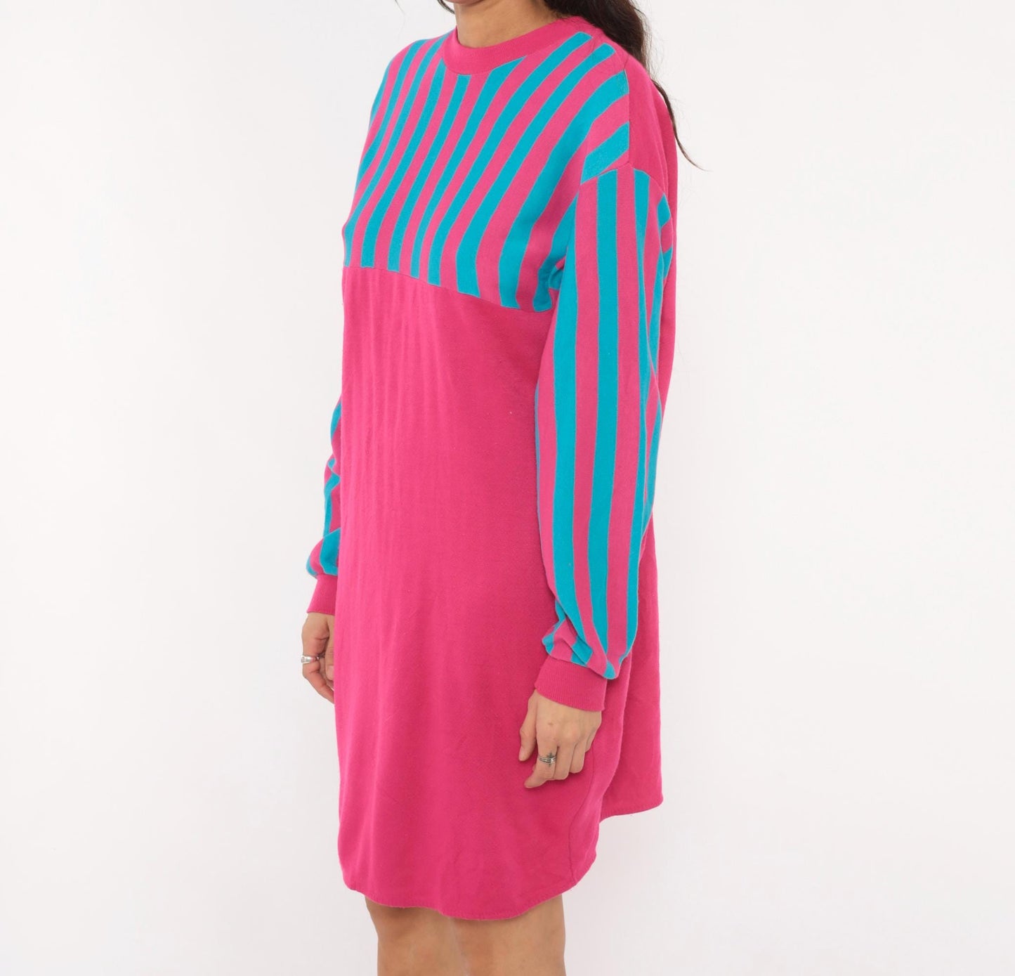 80s Sleep Mates Striped Sweatshirt Dress Hot Pink Teal Knee-Length Small