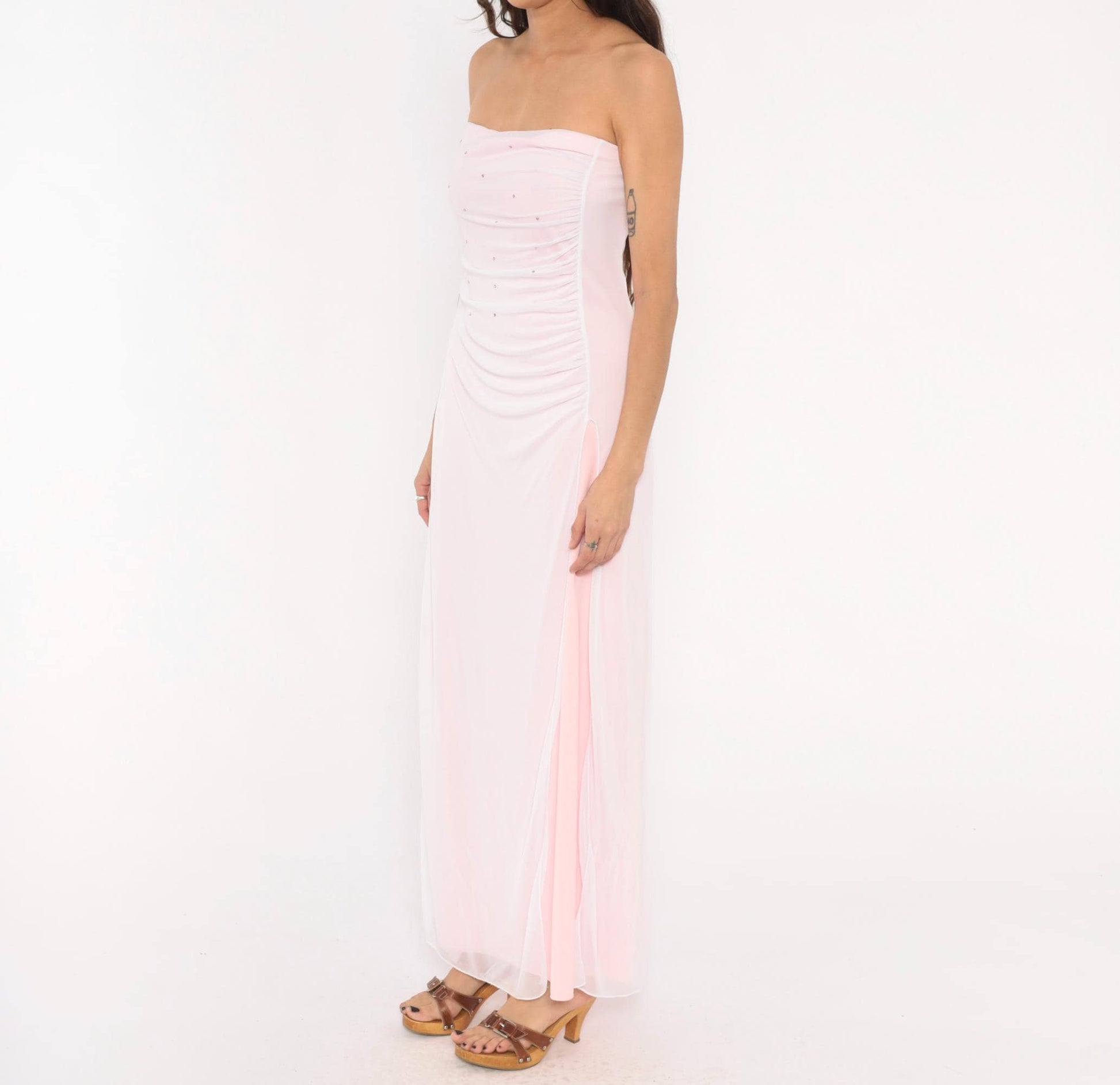 Y2K Baby Pink Strapless Maxi Gown Rhinestone Sweetheart Neckline Large L