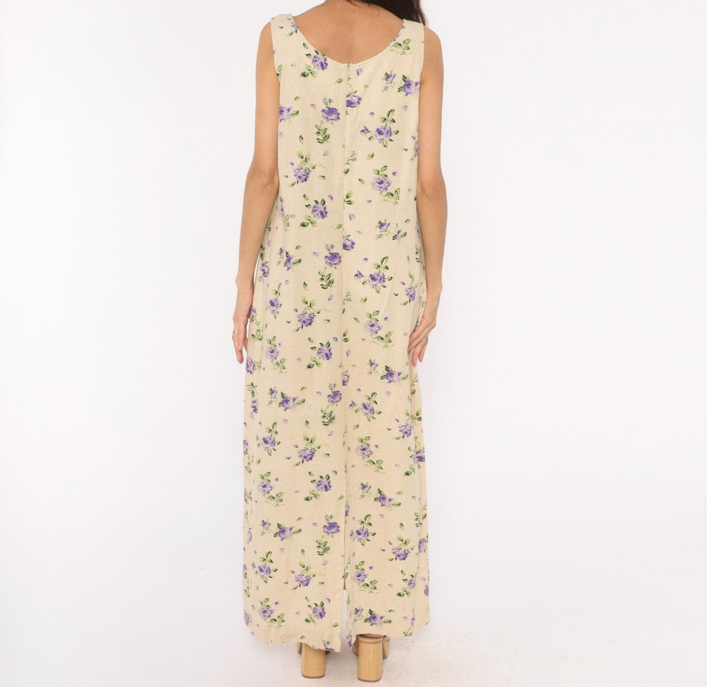 90s Liz Baker Floral Linen Maxi Dress Purple Rose Cream Tank Sleeveless Extra Large XXL
