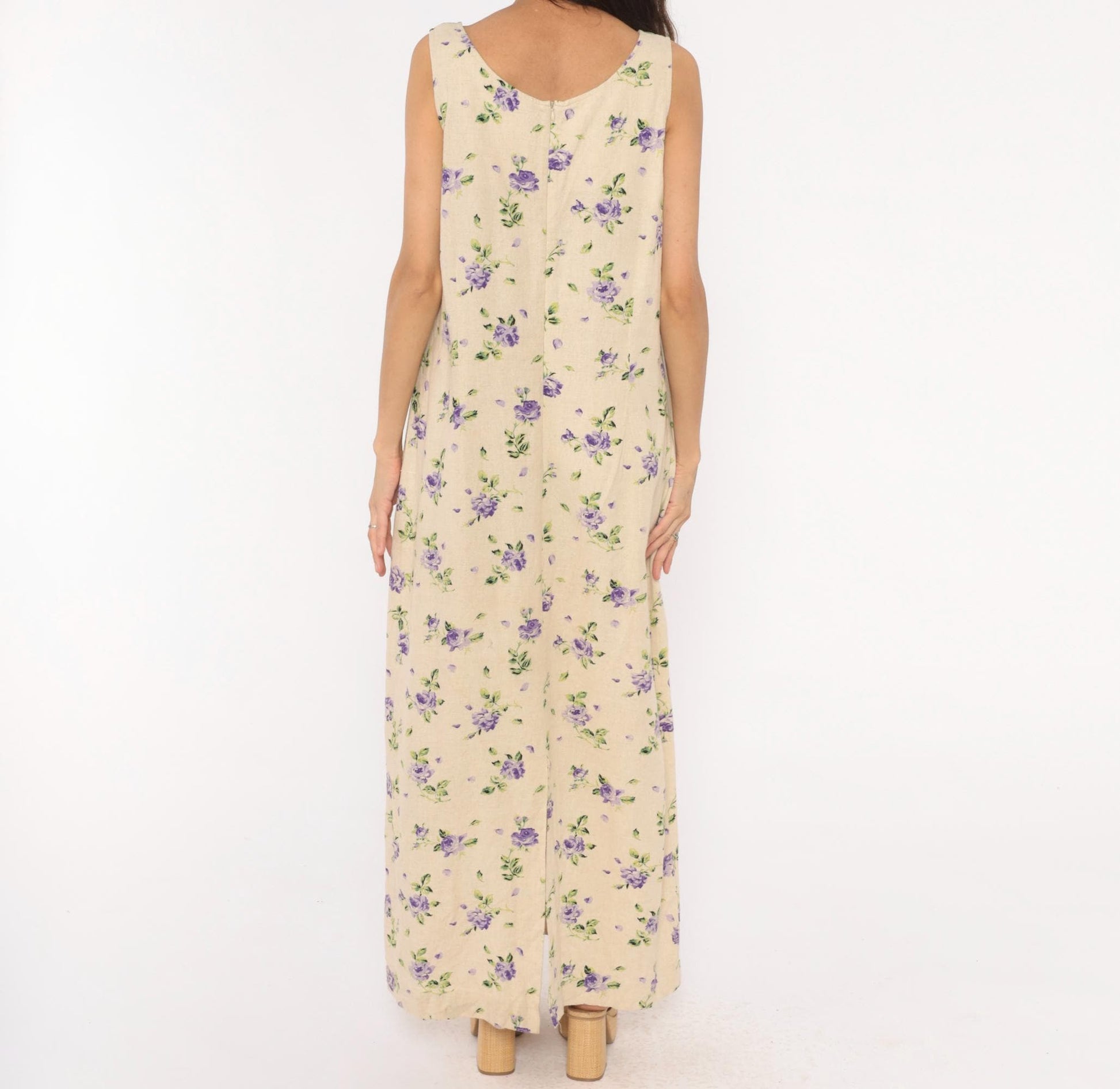 90s Liz Baker Floral Linen Maxi Dress Purple Rose Cream Tank Sleeveless Extra Large XXL