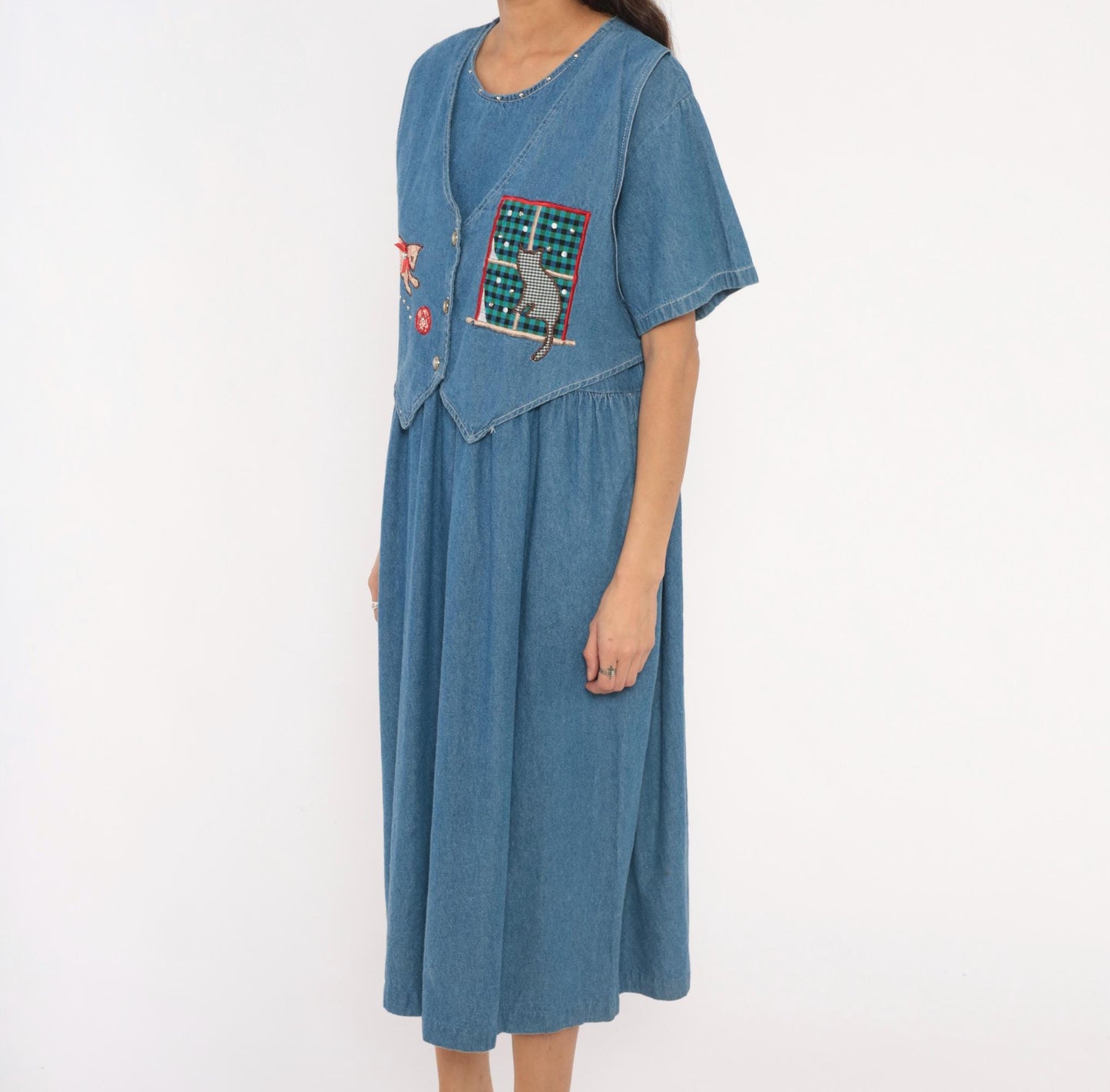 90s Miss & Mrs Cat Denim Midi Dress Patchwork Kitten Window V-Neck Cotton Large L