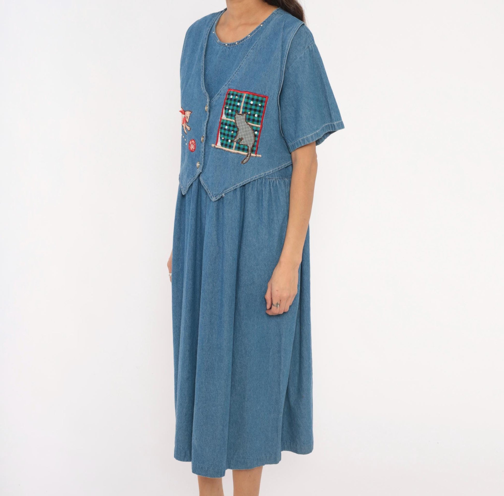 90s Miss & Mrs Cat Denim Midi Dress Patchwork Kitten Window V-Neck Cotton Large L