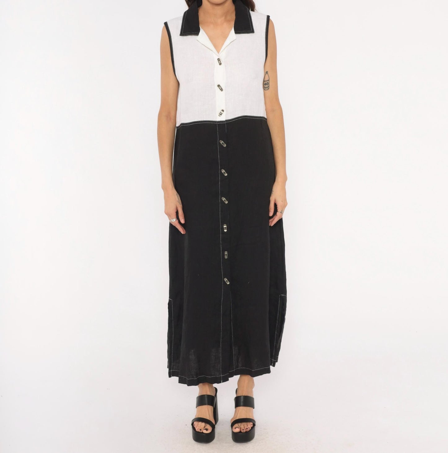 90s Nannette Keller Color Block Maxi Dress Black White Linen Cotton Medium M