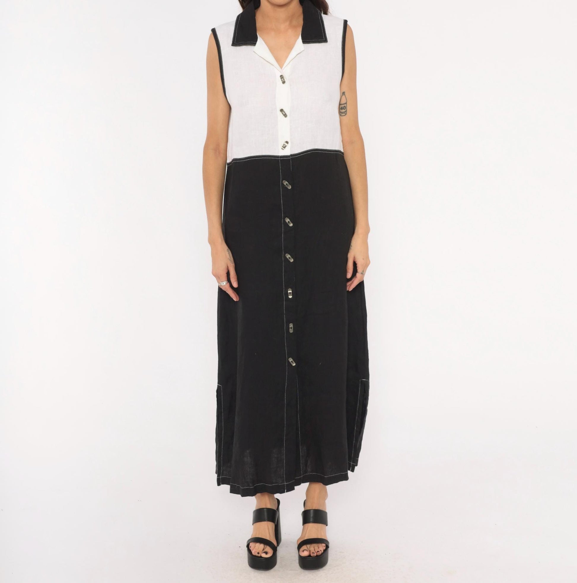 90s Nannette Keller Color Block Maxi Dress Black White Linen Cotton Medium M