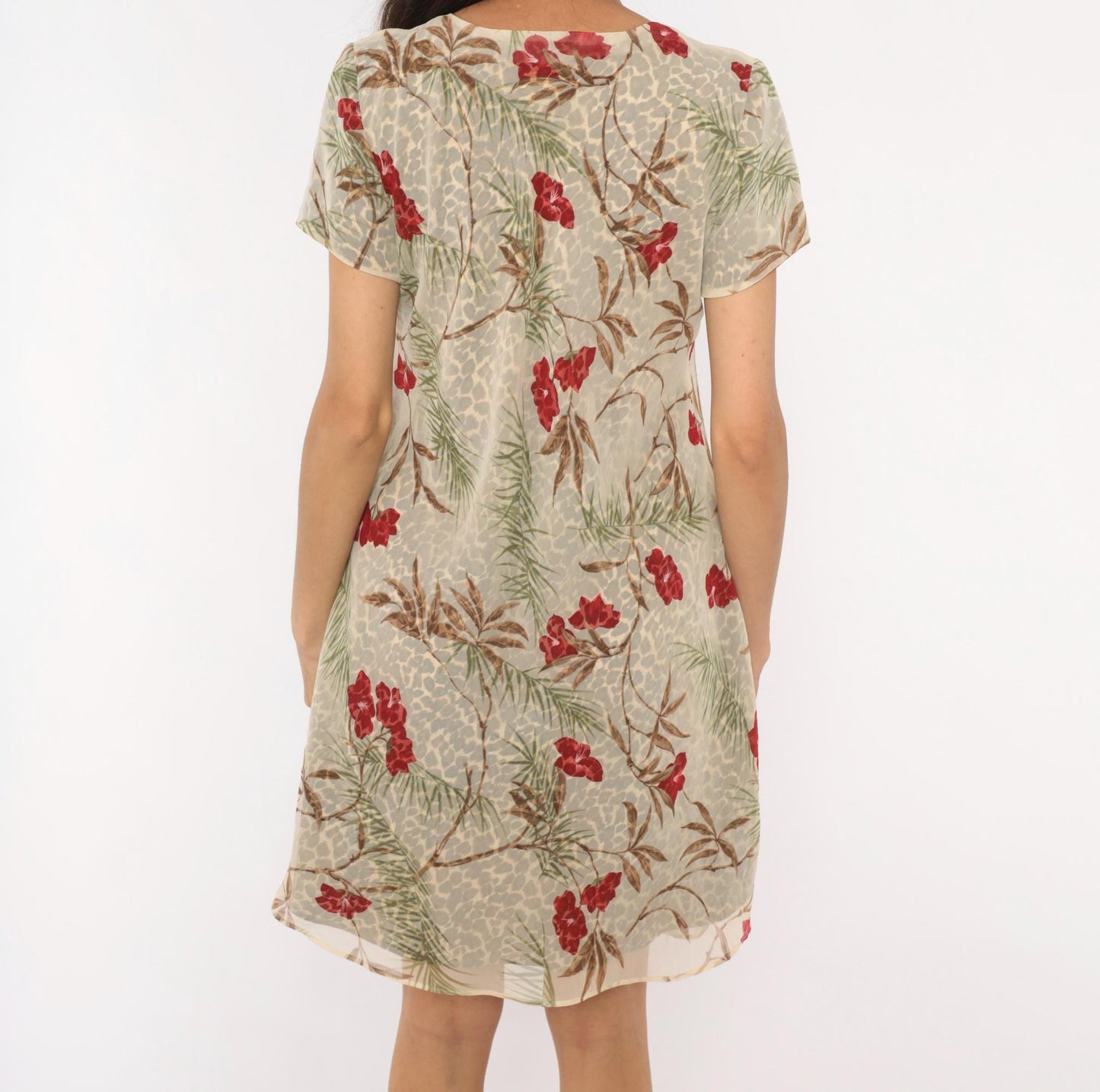 90s Jessica Howard Leopard Floral A-Line Dress Tan Tropical Print Medium M