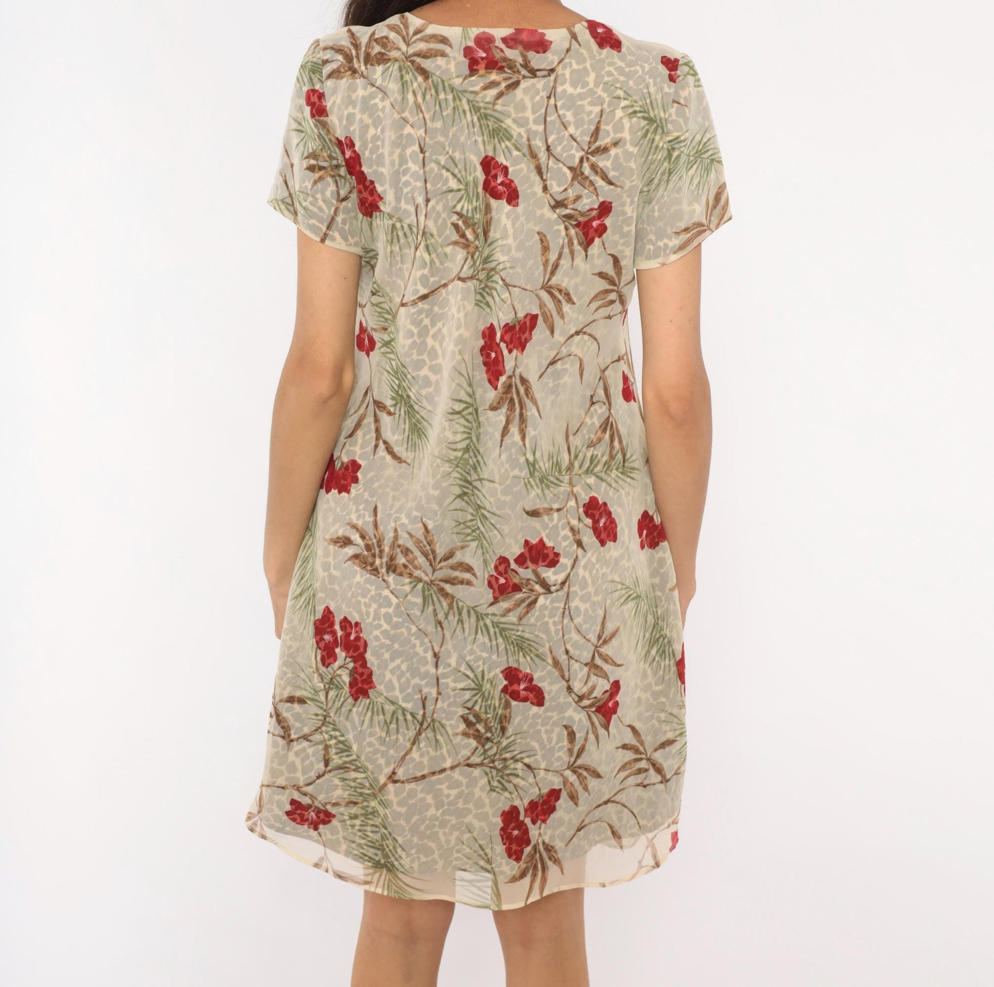 90s Jessica Howard Leopard Floral A-Line Dress Tan Tropical Print Medium M
