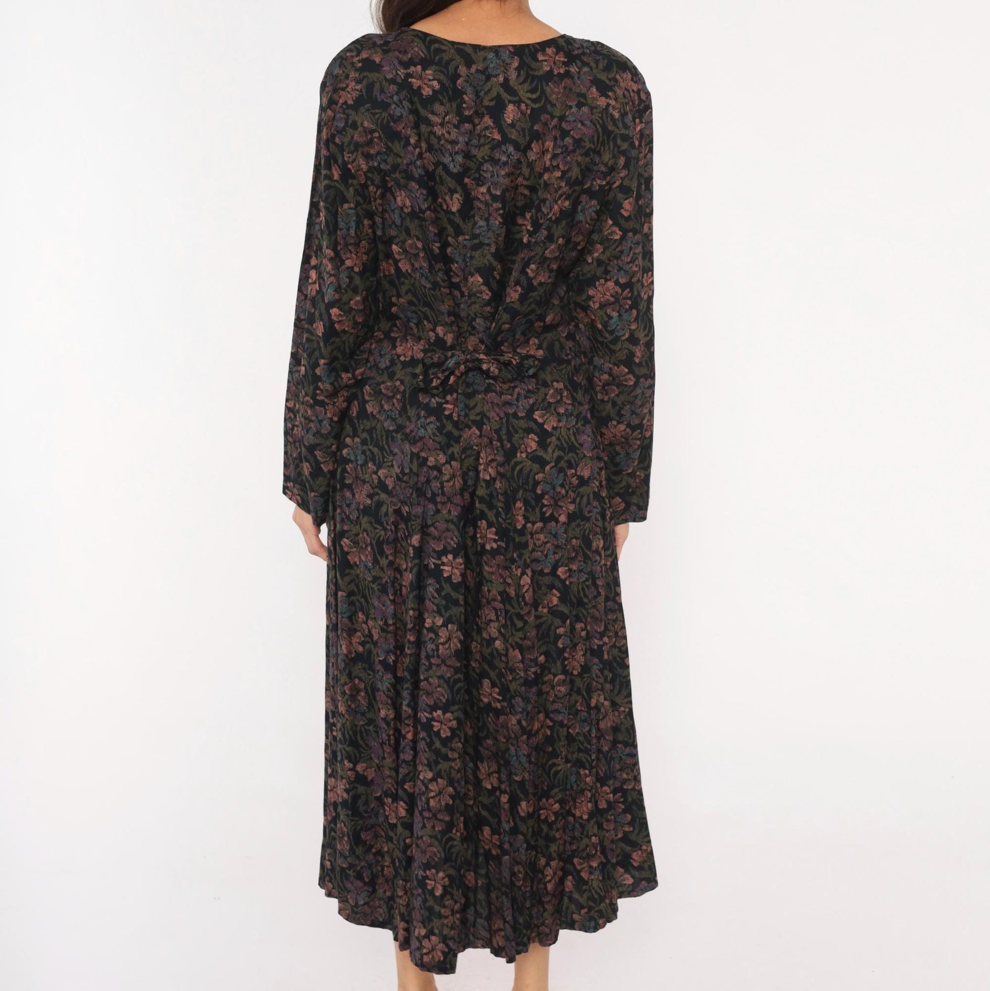 90s Dark Floral Midi Dress V-Neck Button Front Long Sleeve Black Large L