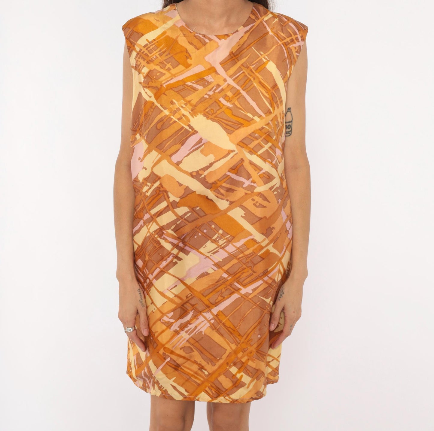 60s Mod Abstract Brushstroke Shift Dress Sleeveless Knee-Length Orange Brown Large L